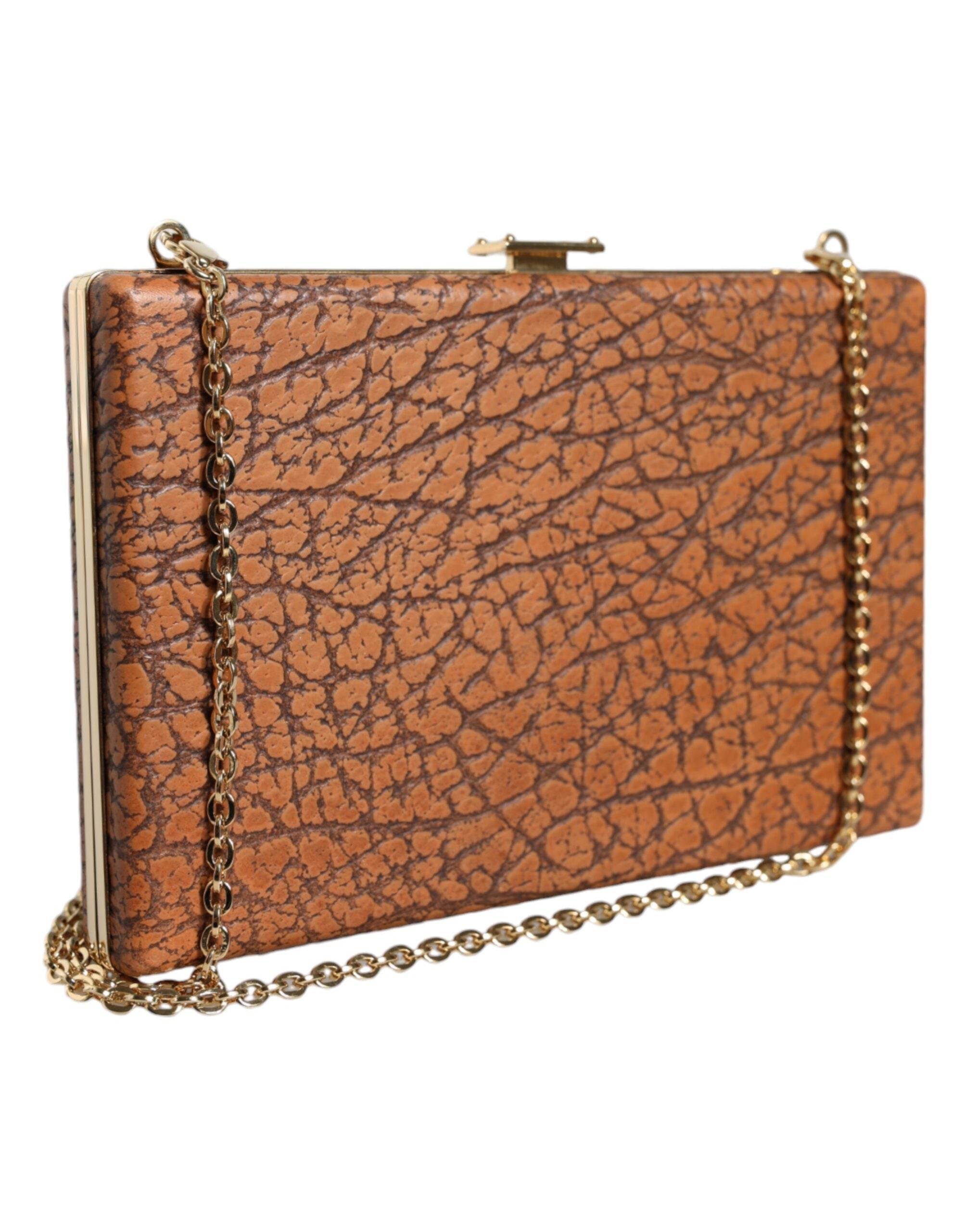 Brown Leather Gold Frame Clutch Mini Crossbody Bag - ventzia