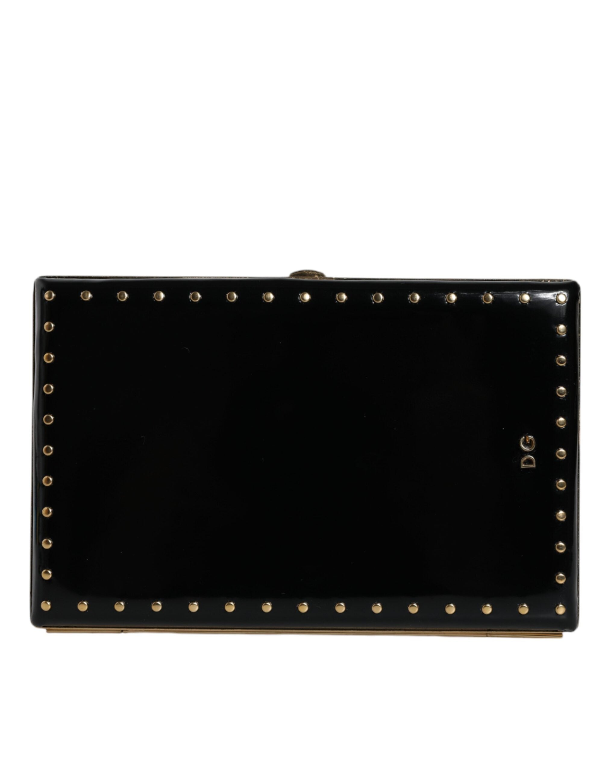 Black Leather Studs Gold Frame Clutch Evening Purse Bag - ventzia