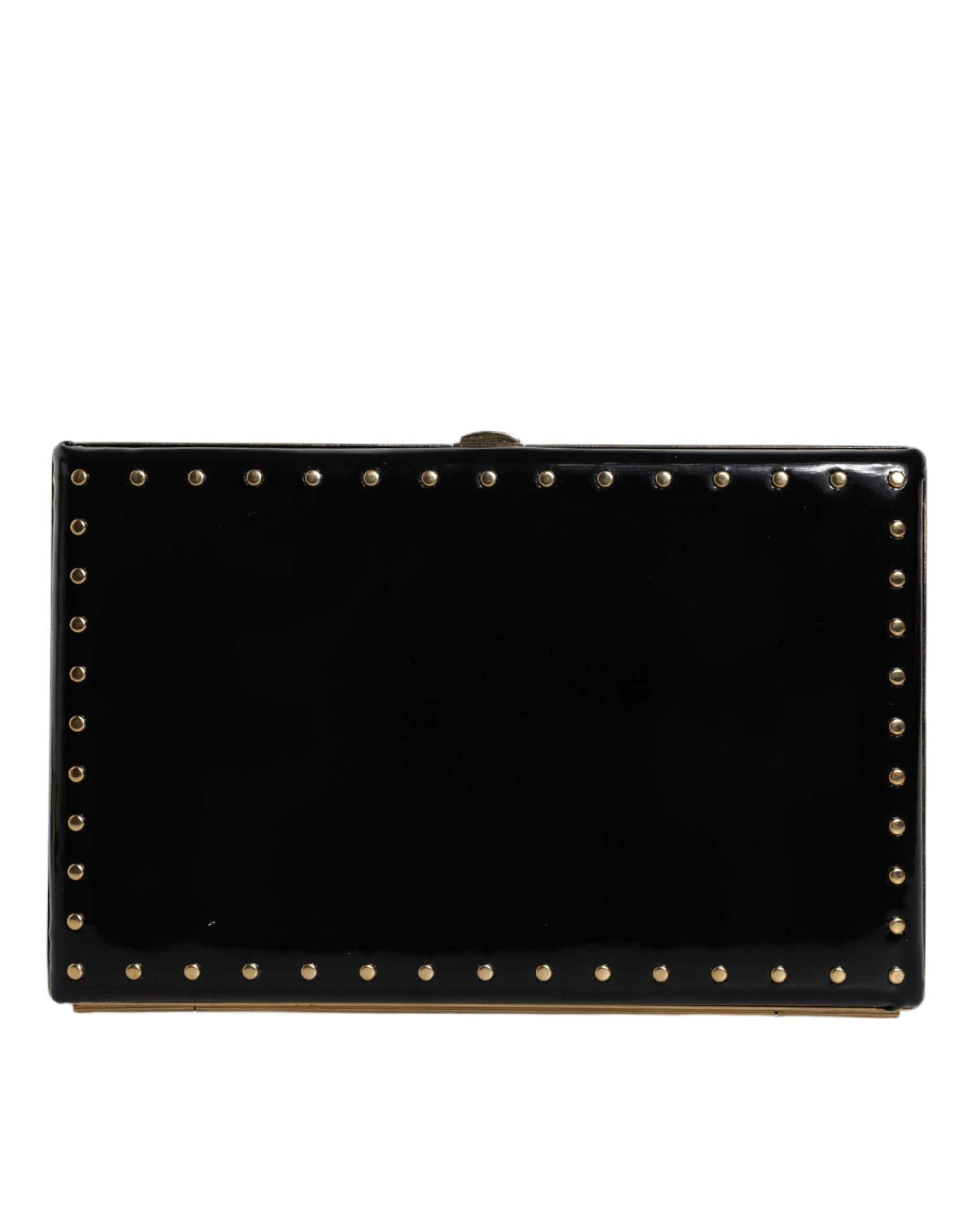 Black Leather Studs Gold Frame Clutch Evening Purse Bag - ventzia