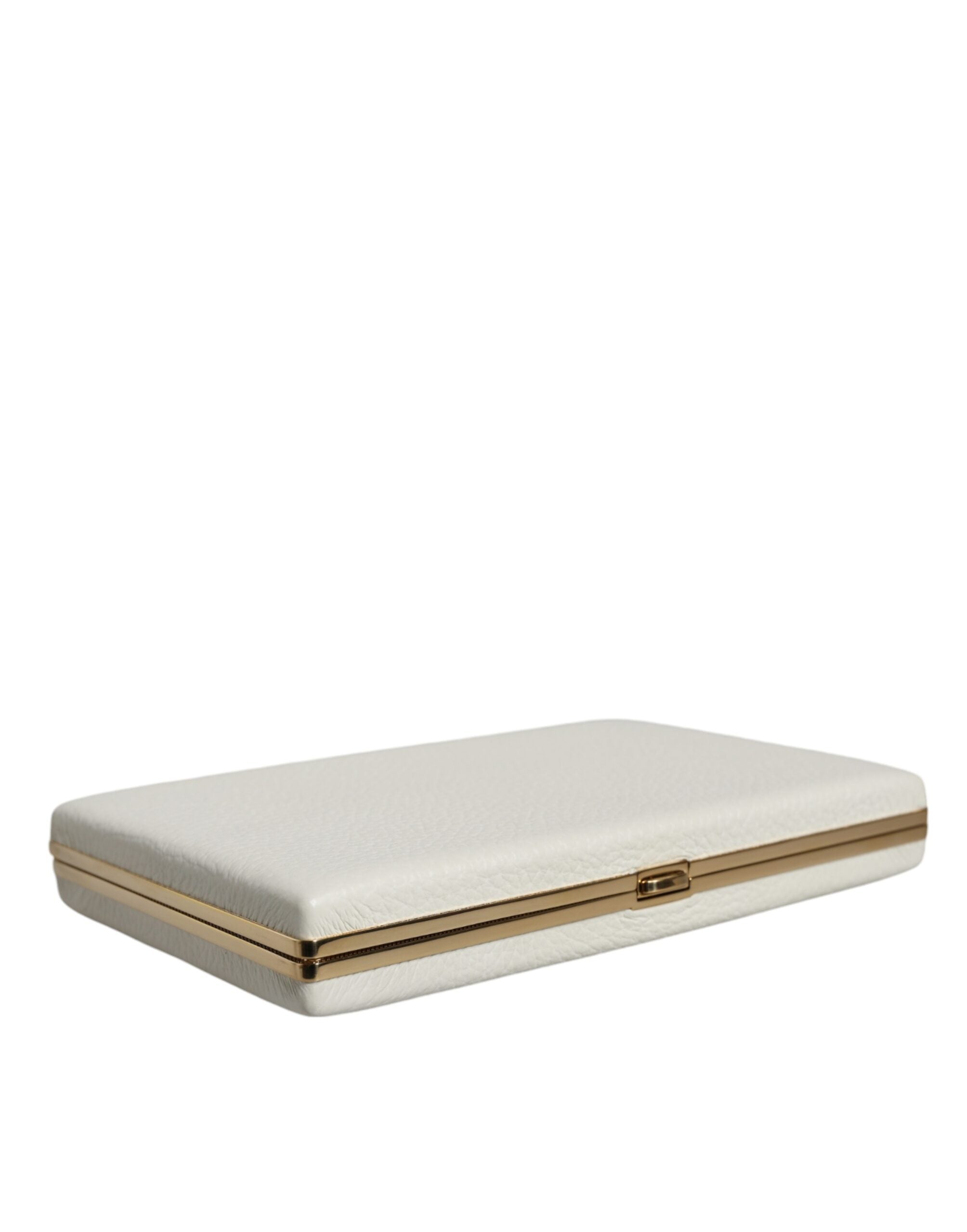 White Leather Gold Frame Clutch Evening Party Purse Bag - ventzia