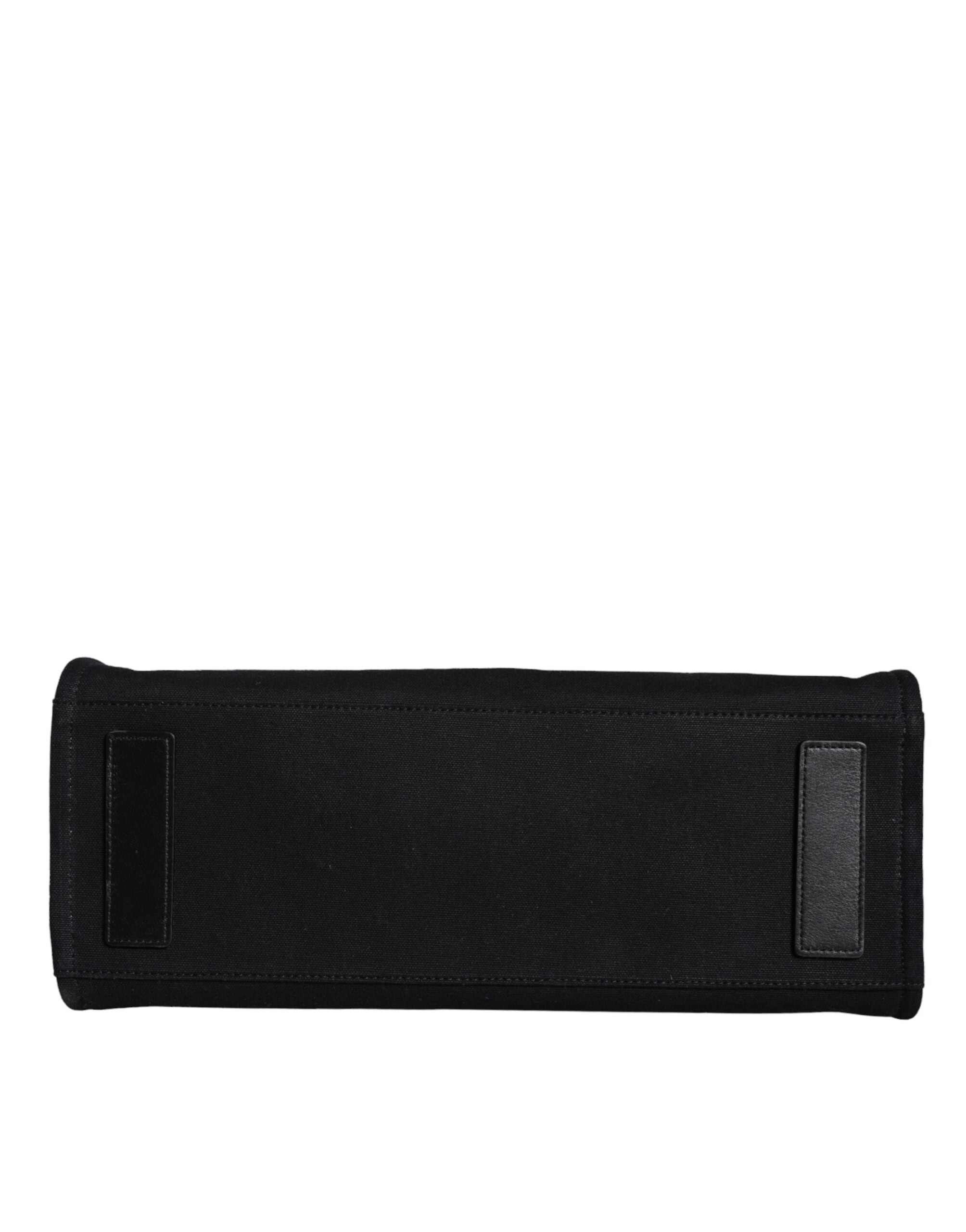 Black Top Handle Canvas Leather Logo Crossbody Tote Bag - ventzia