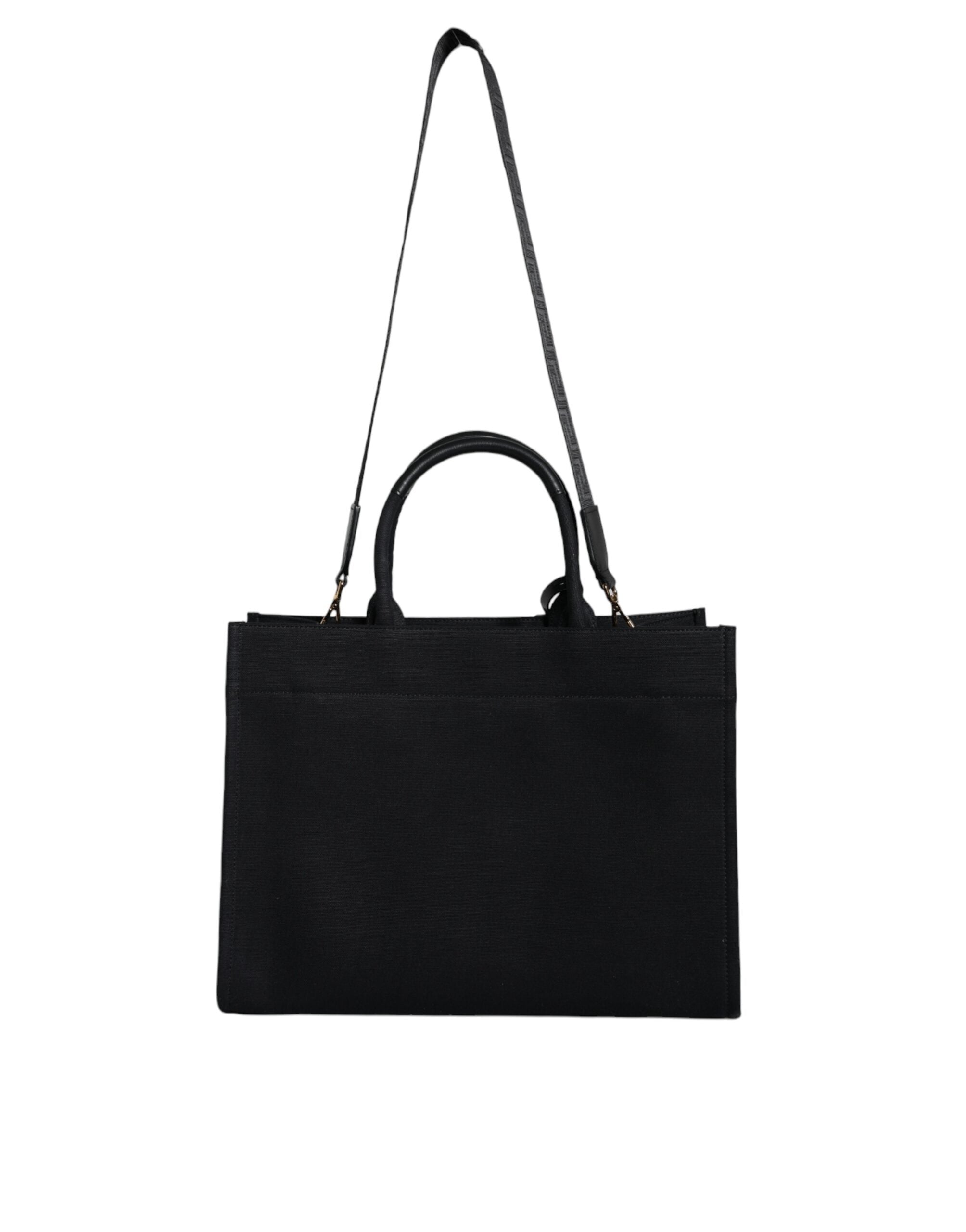 Black Top Handle Canvas Leather Logo Crossbody Tote Bag - ventzia