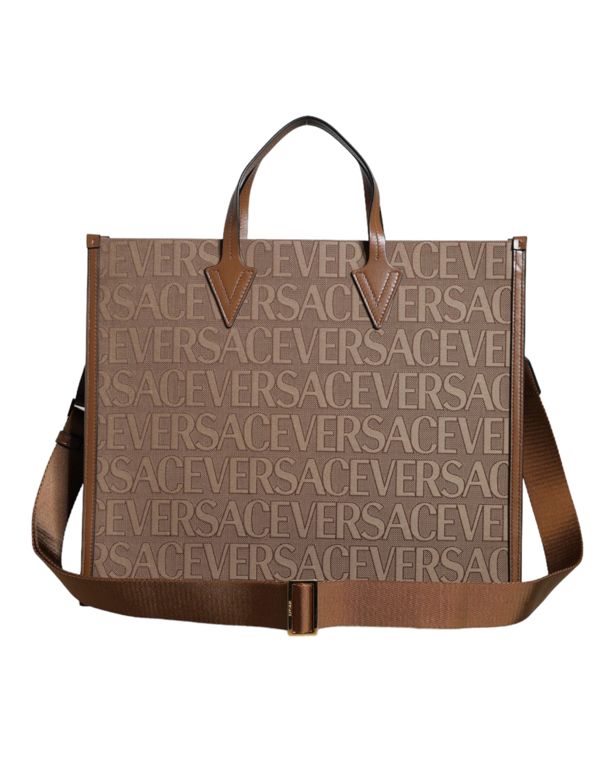 Brown Top Handle Jacquard Leather Logo Crossbody Tote Bag - ventzia