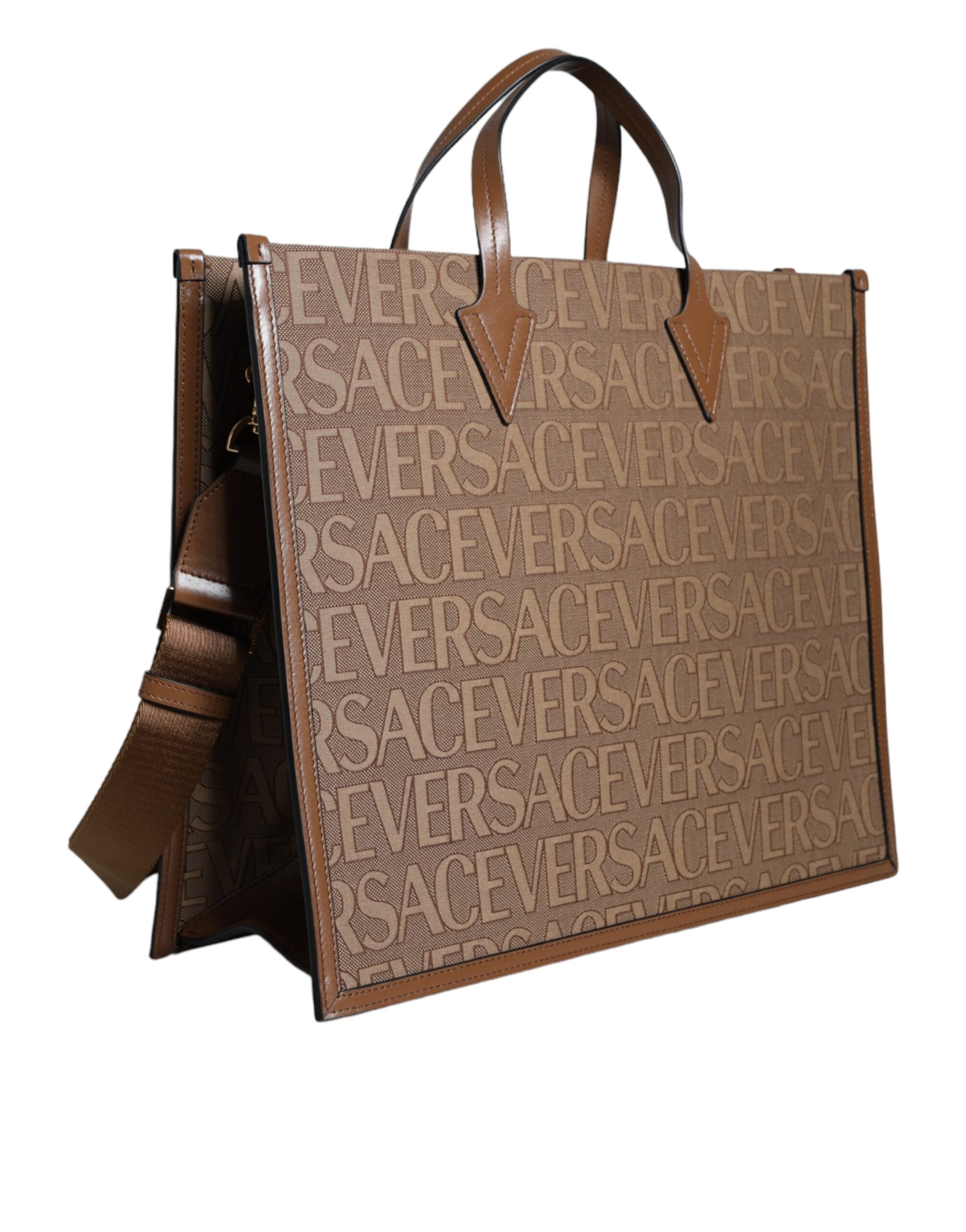 Brown Top Handle Jacquard Leather Logo Crossbody Tote Bag - ventzia