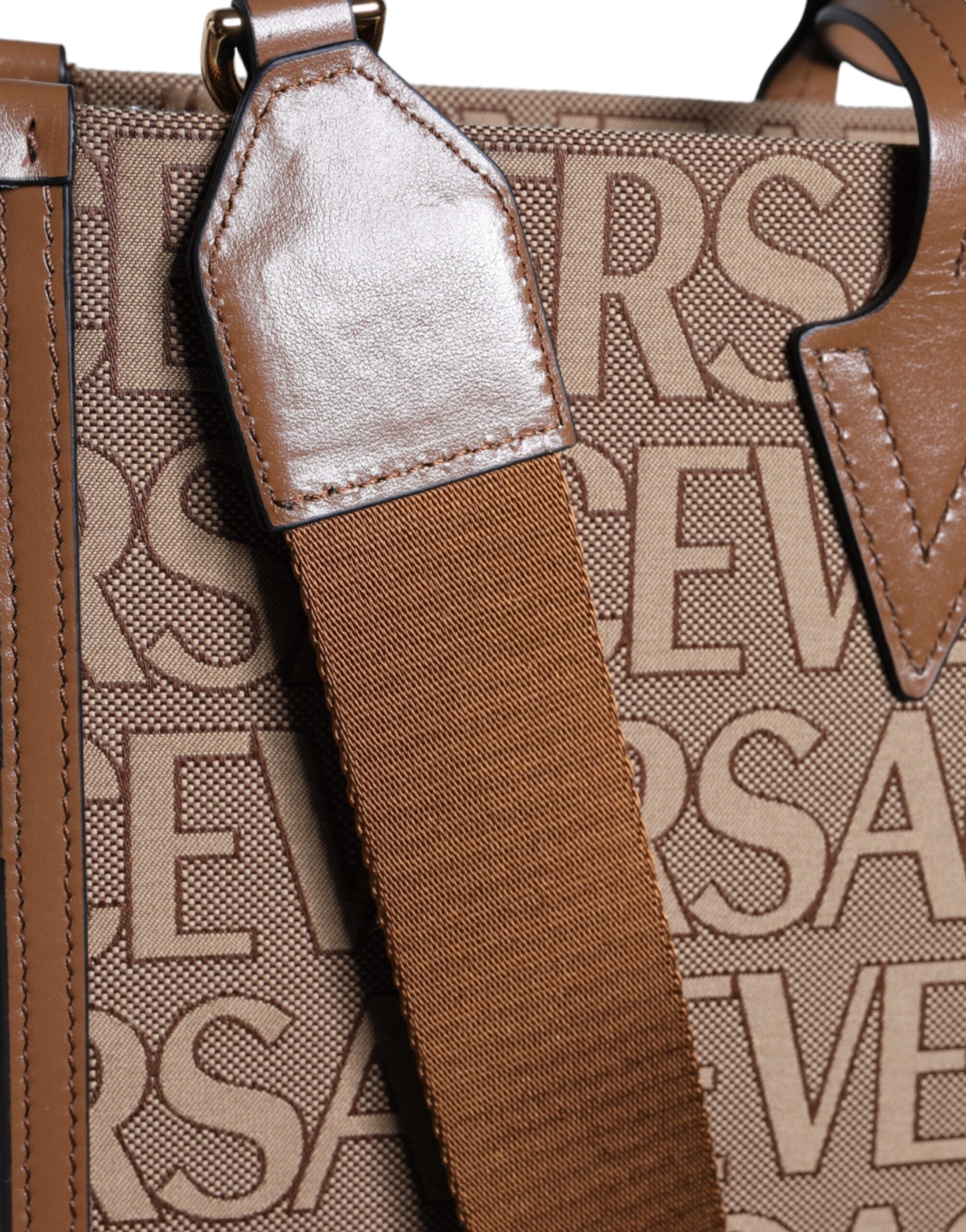 Brown Top Handle Jacquard Leather Logo Crossbody Tote Bag - ventzia