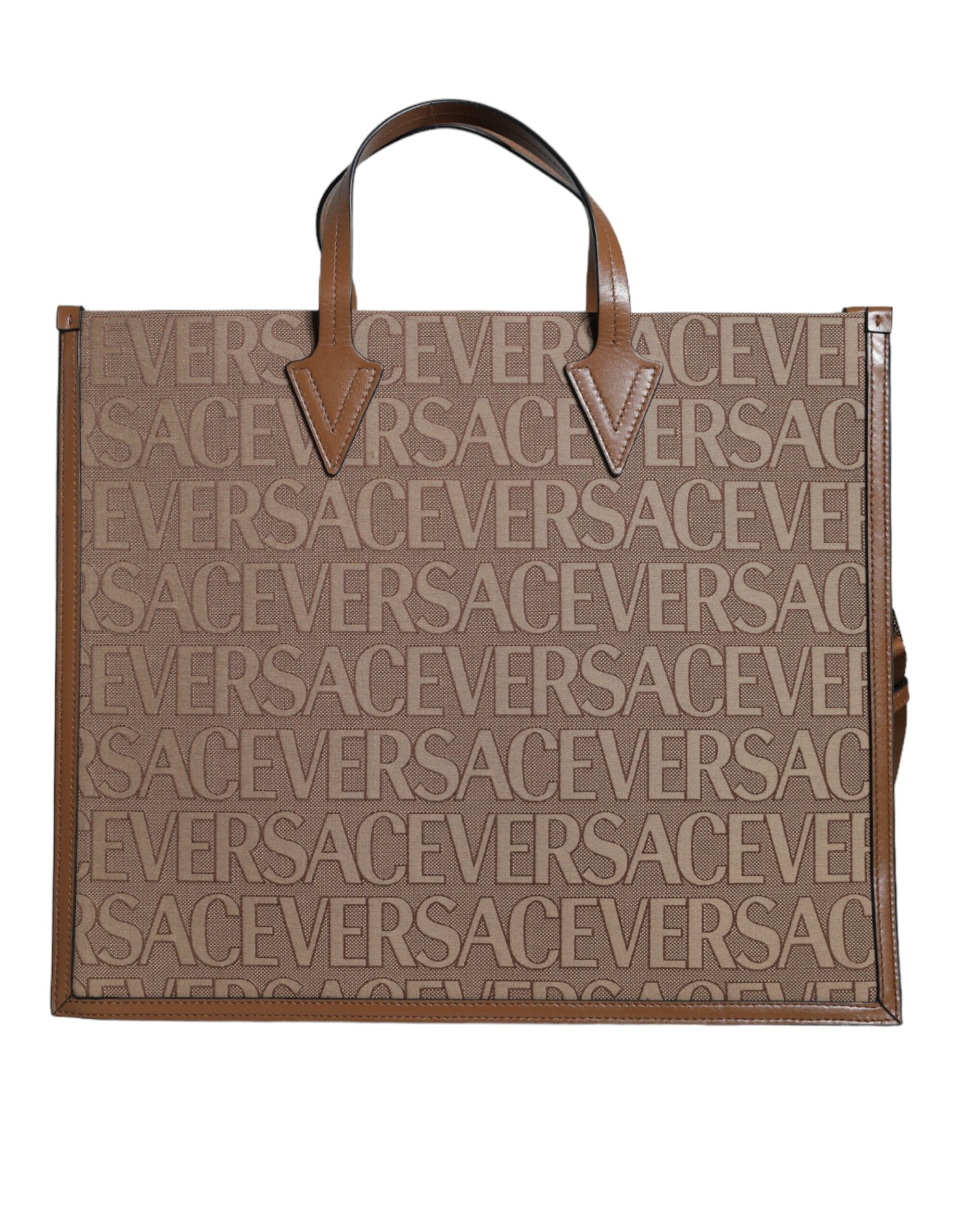 Brown Top Handle Jacquard Leather Logo Crossbody Tote Bag - ventzia