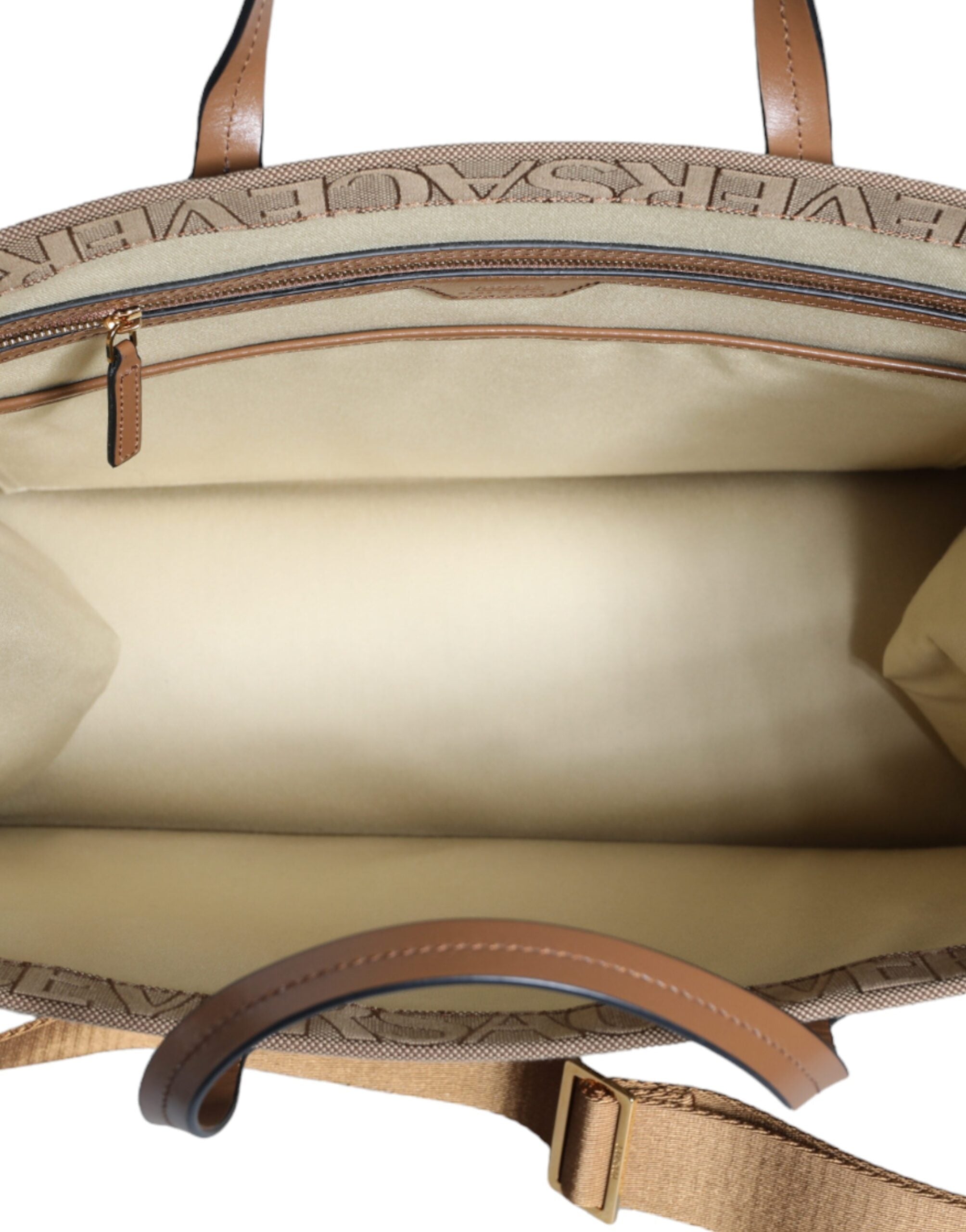 Brown Top Handle Jacquard Leather Logo Crossbody Tote Bag - ventzia