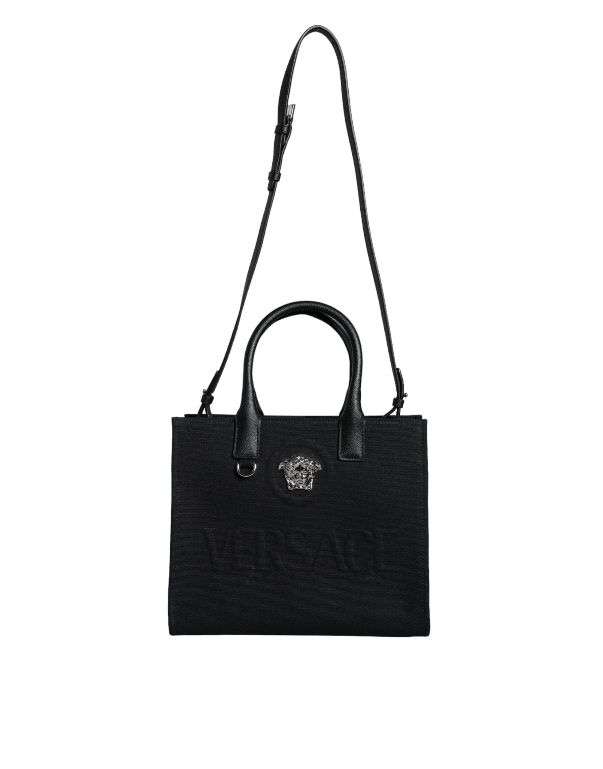Black Top Handle Canvas Leather Logo Crossbody Tote Bag - ventzia