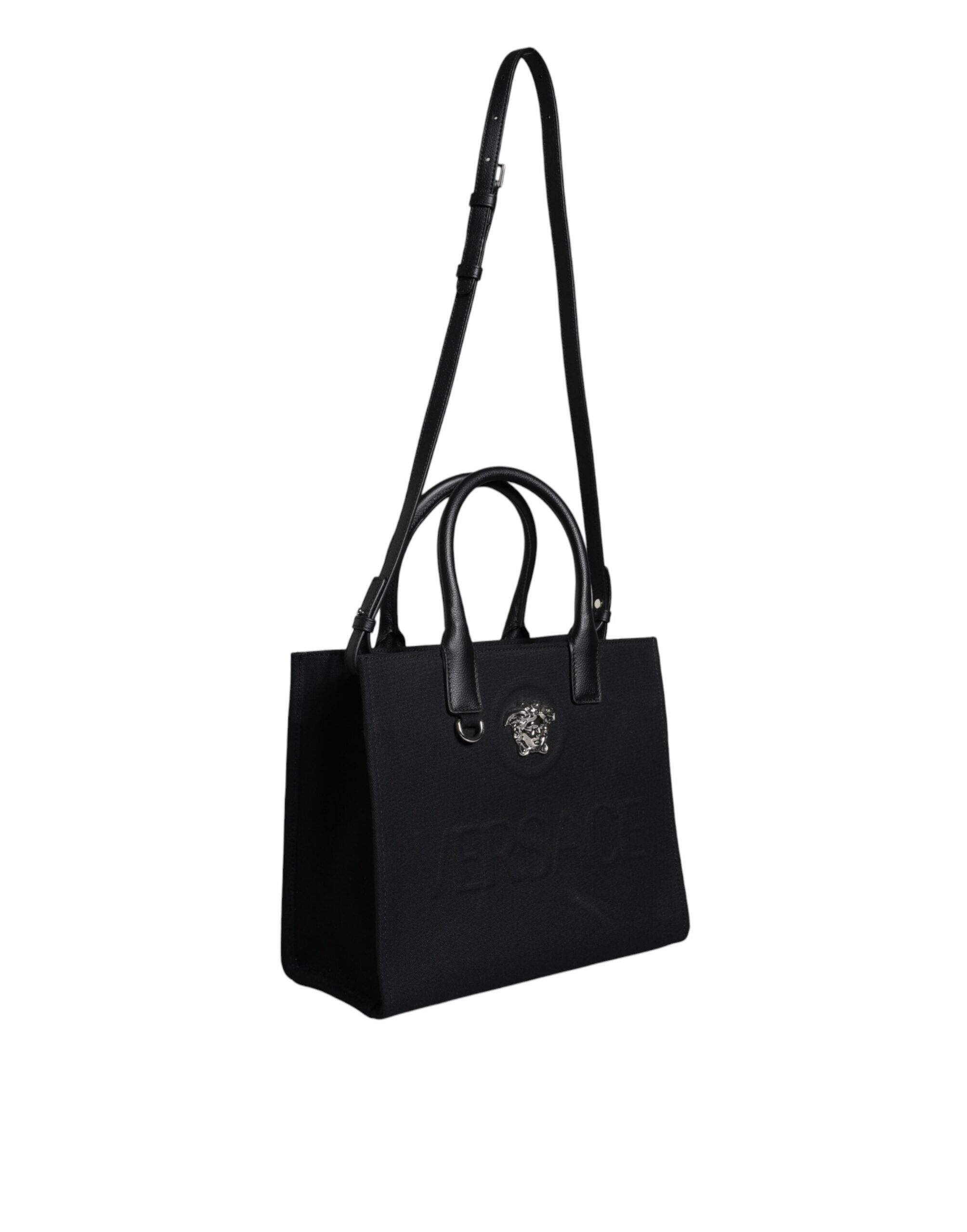 Black Top Handle Canvas Leather Logo Crossbody Tote Bag - ventzia
