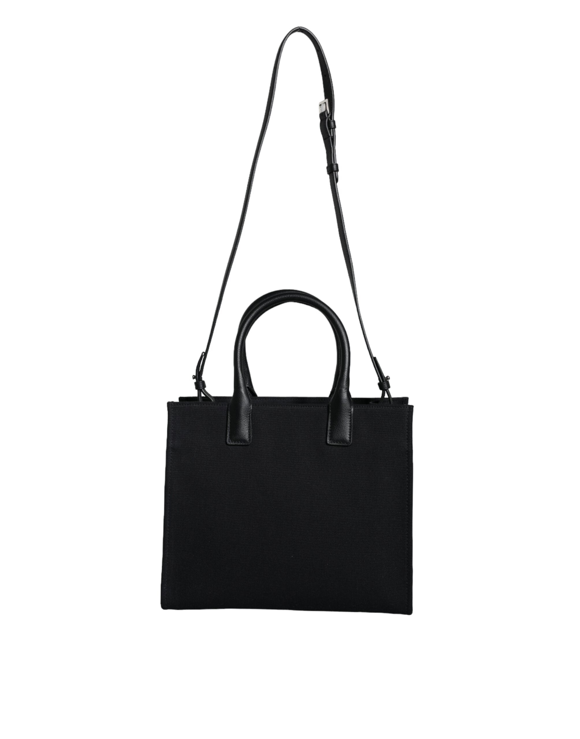 Black Top Handle Canvas Leather Logo Crossbody Tote Bag - ventzia