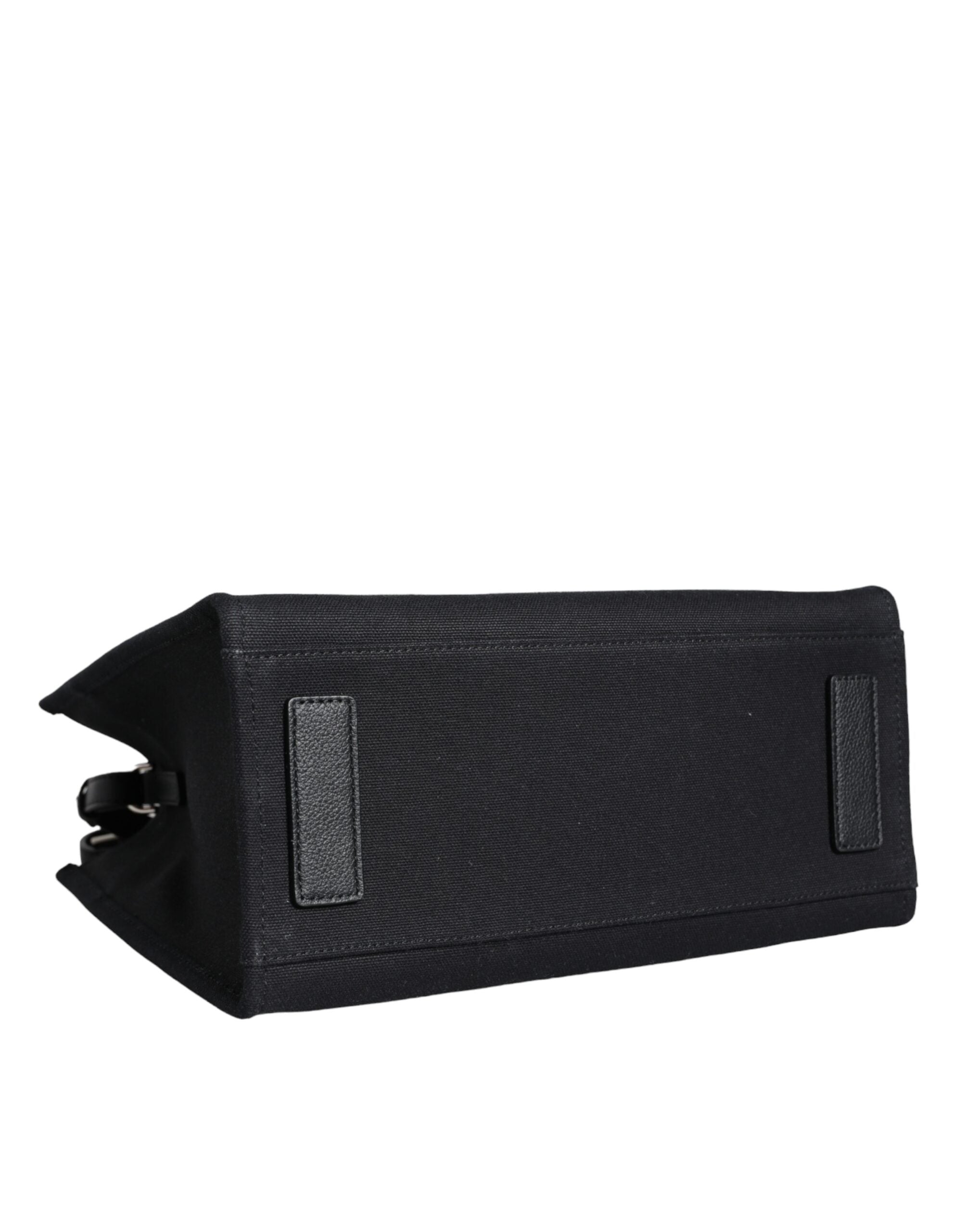 Black Top Handle Canvas Leather Logo Crossbody Tote Bag - ventzia