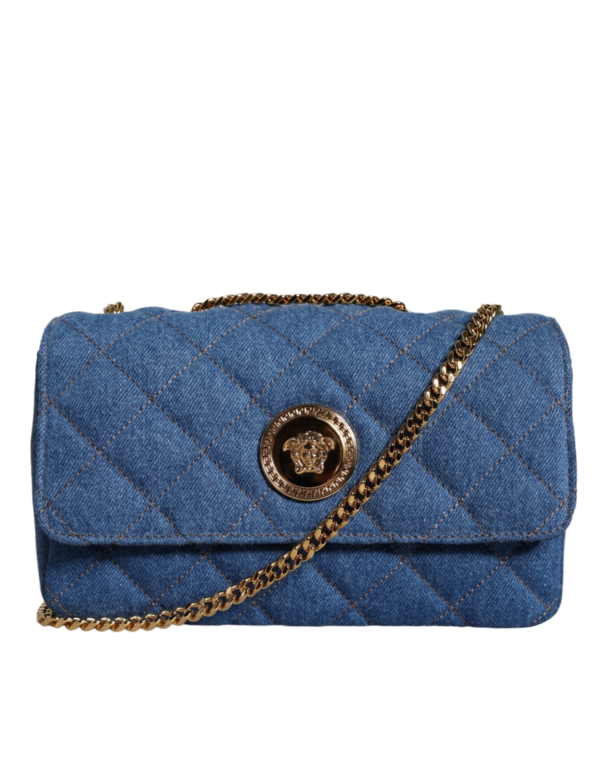 Blue Quilted Denim Leather Crossbody Shoulder Bag - ventzia