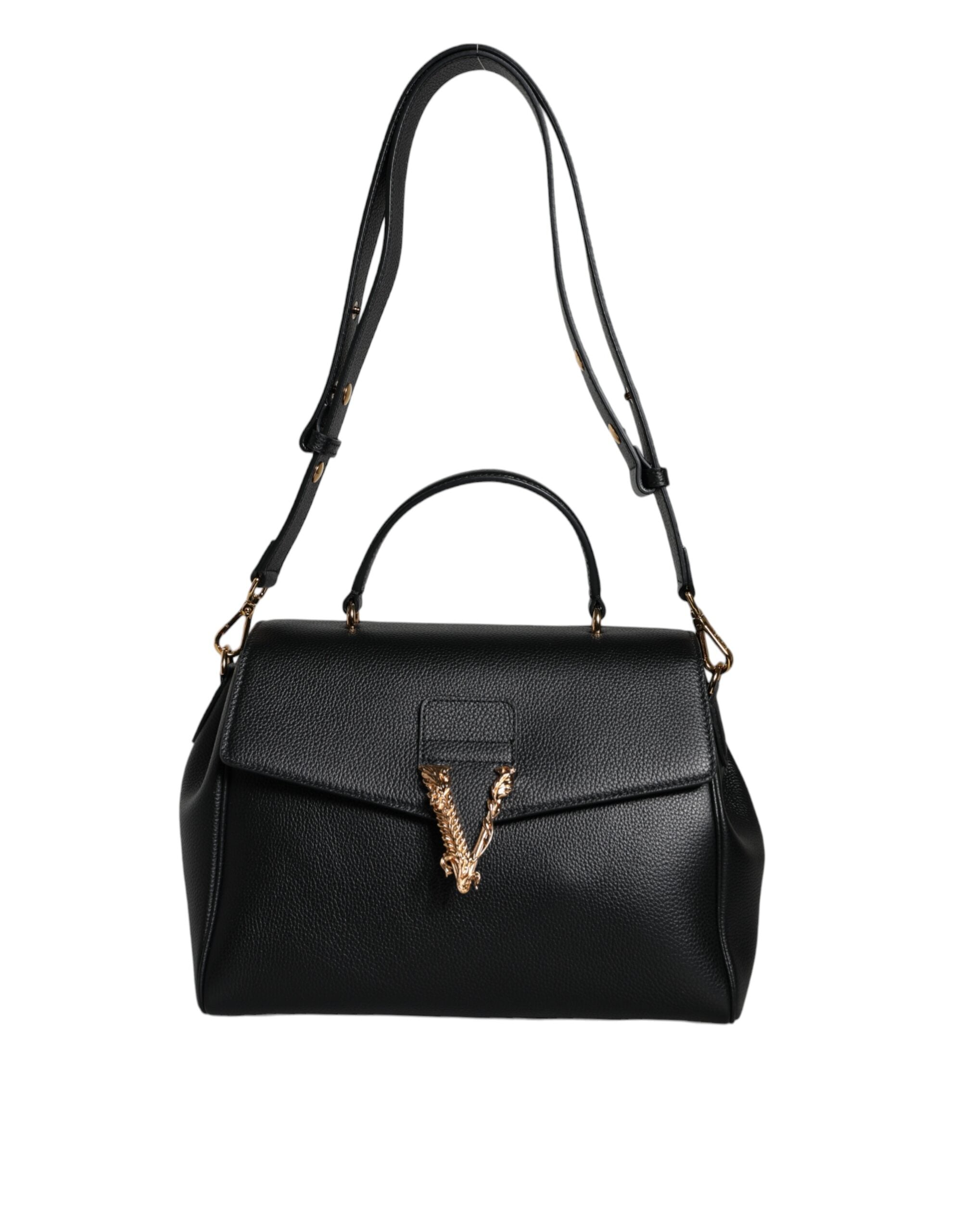Black Top Handle Grainy Calfskin Leather Crossbody Bag - ventzia