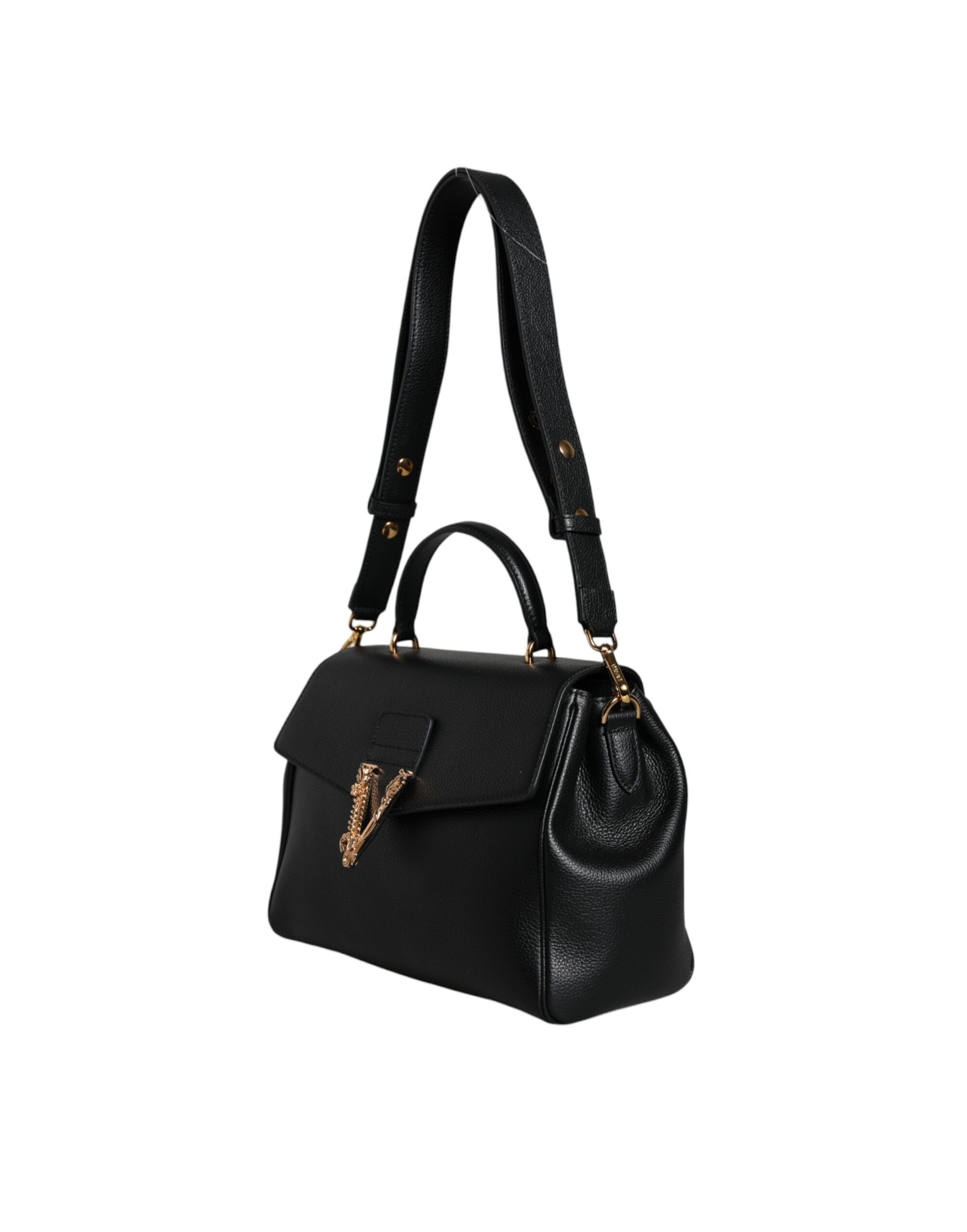 Black Top Handle Grainy Calfskin Leather Crossbody Bag - ventzia