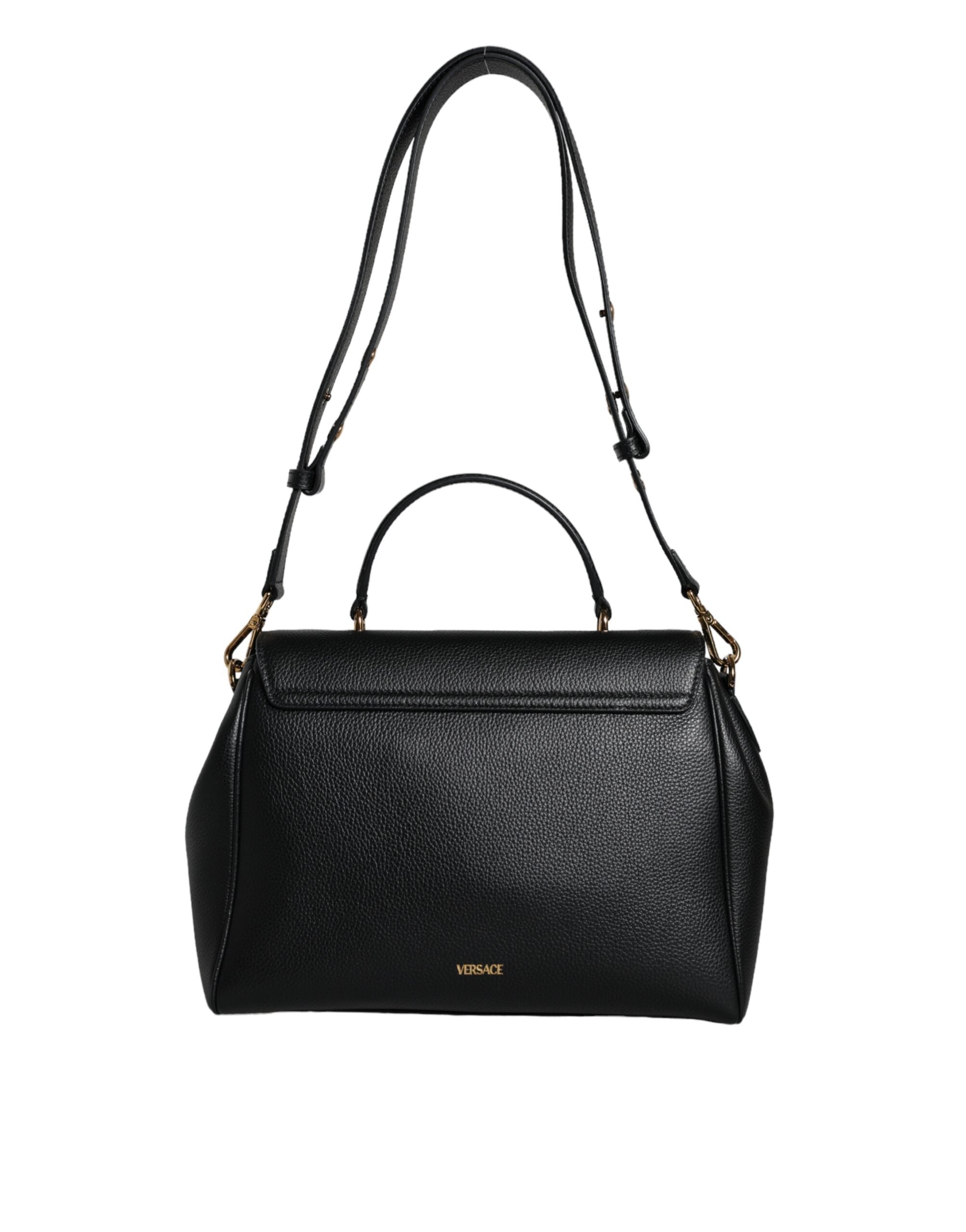 Black Top Handle Grainy Calfskin Leather Crossbody Bag - ventzia