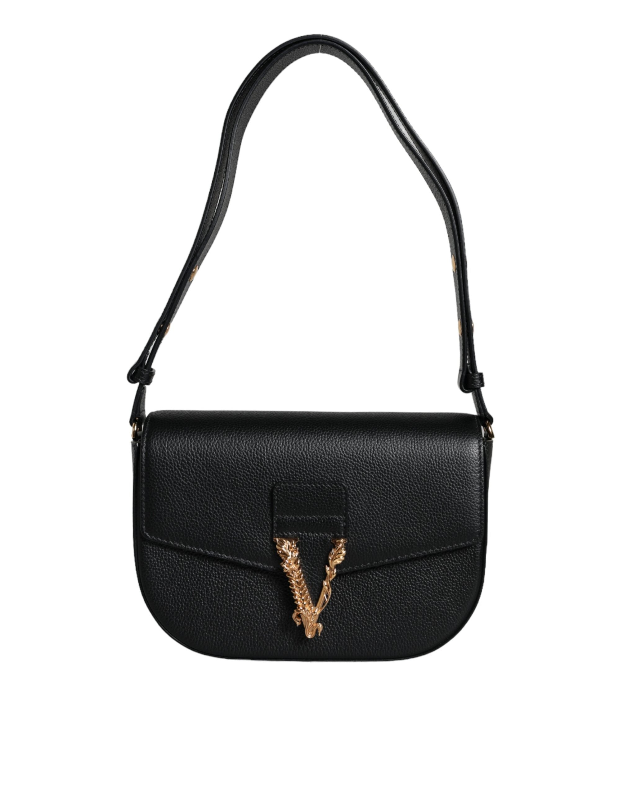 Black Grainy Calf Leather Logo Crossbody Shoulder Bag - ventzia