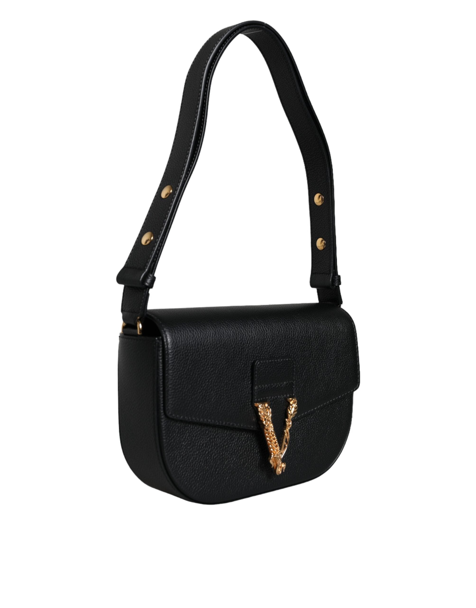 Black Grainy Calf Leather Logo Crossbody Shoulder Bag - ventzia