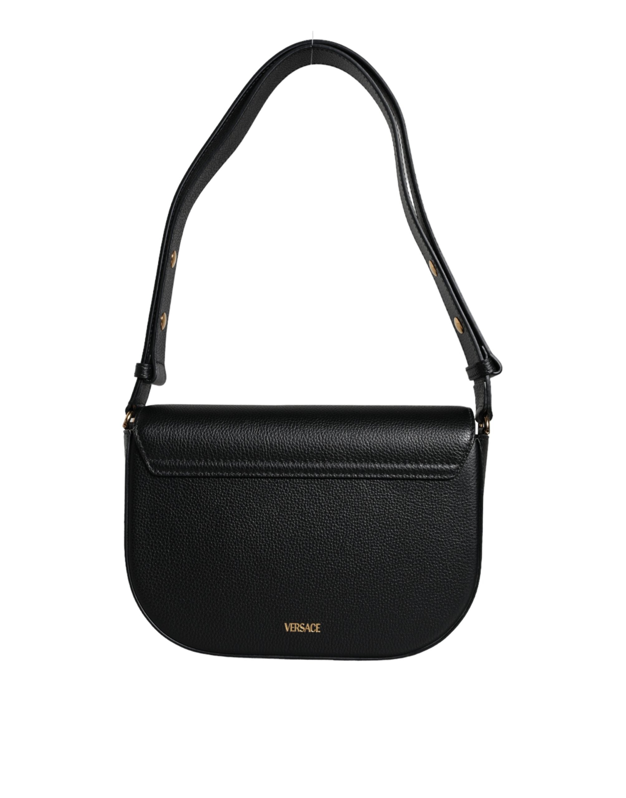 Black Grainy Calf Leather Logo Crossbody Shoulder Bag - ventzia