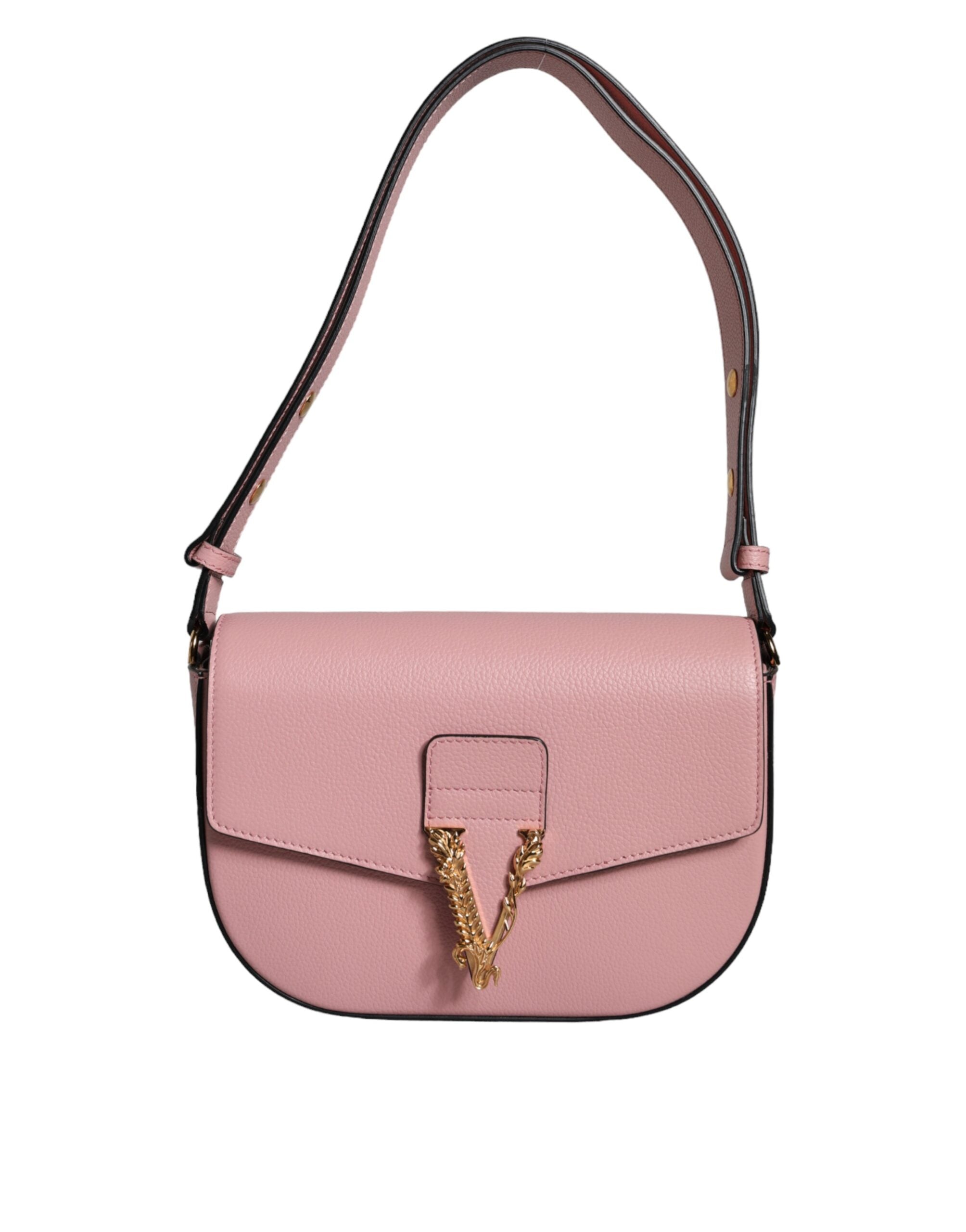 Pink Grainy Calf Leather Logo Crossbody Shoulder Bag - ventzia