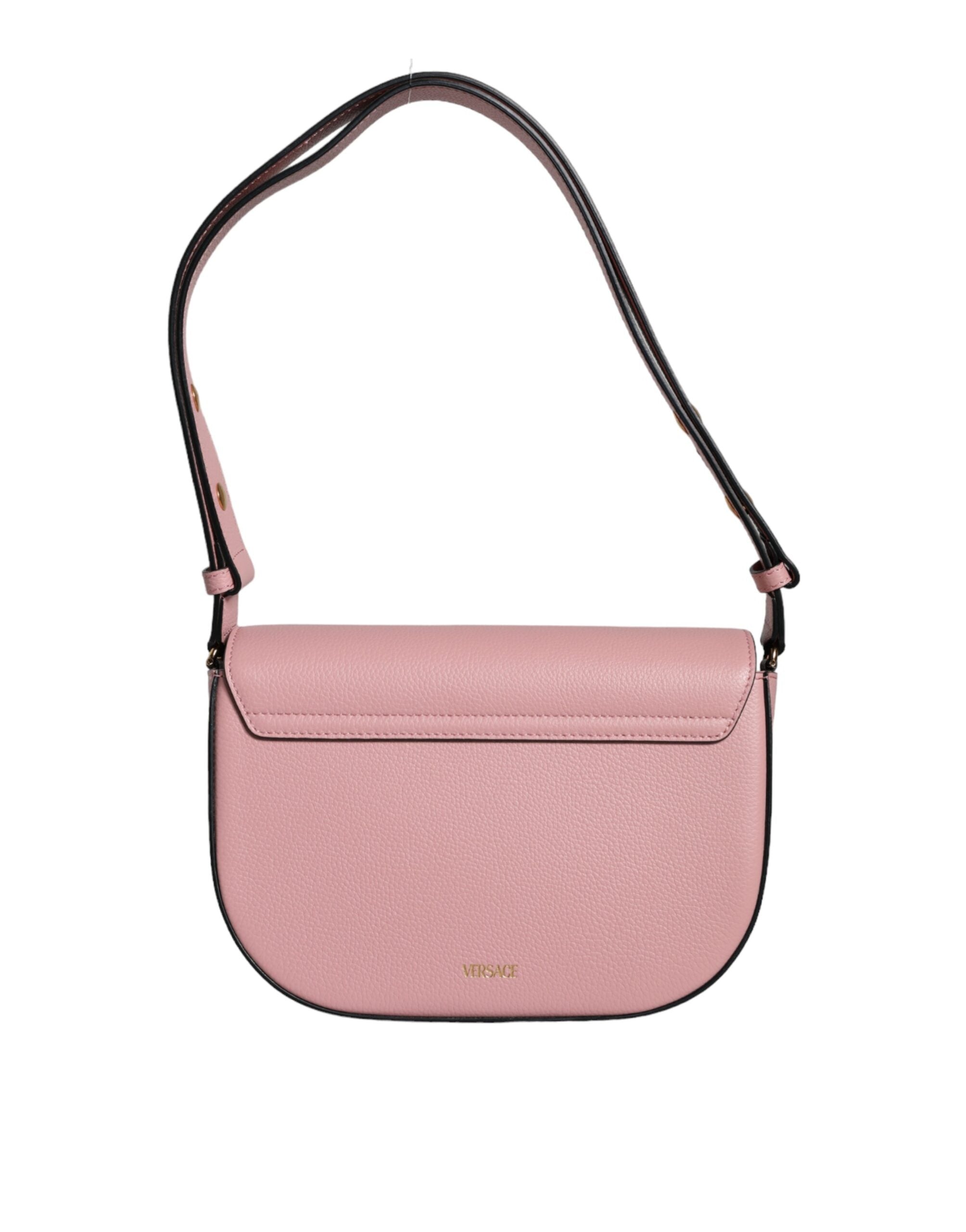 Pink Grainy Calf Leather Logo Crossbody Shoulder Bag - ventzia