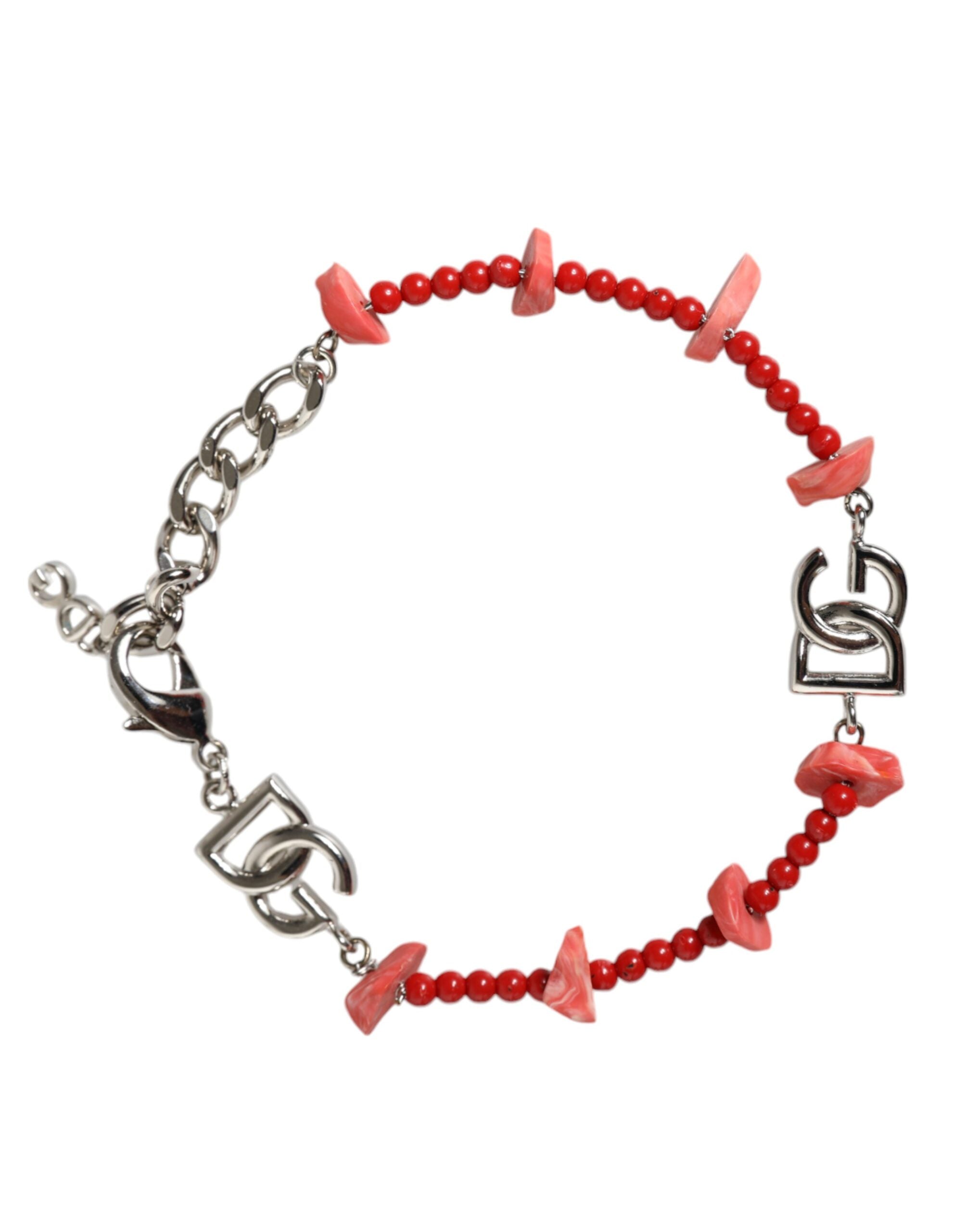 Silver Tone Brass Beaded Resin DG Logo Chain Bracelet - ventzia