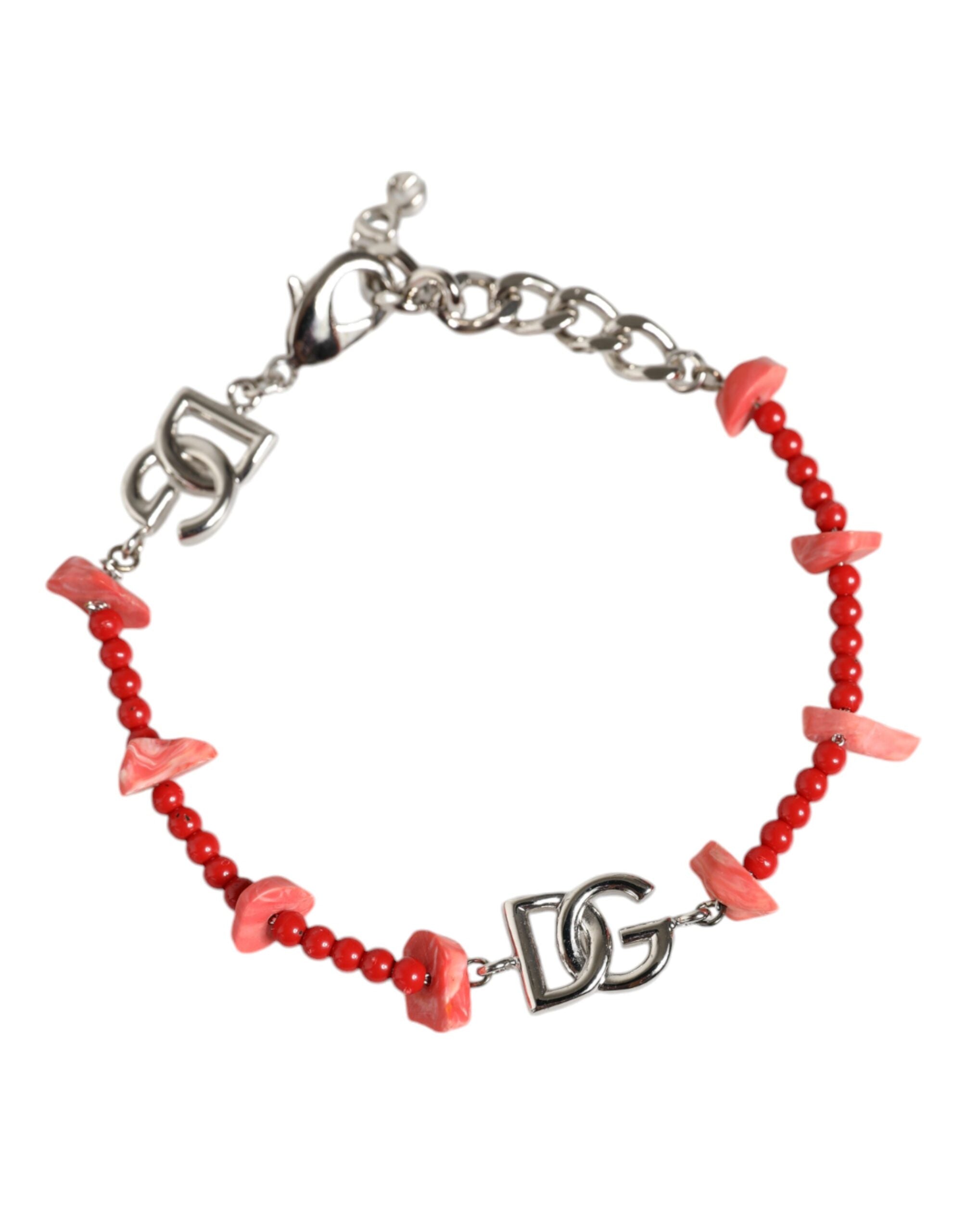 Silver Tone Brass Beaded Resin DG Logo Chain Bracelet - ventzia