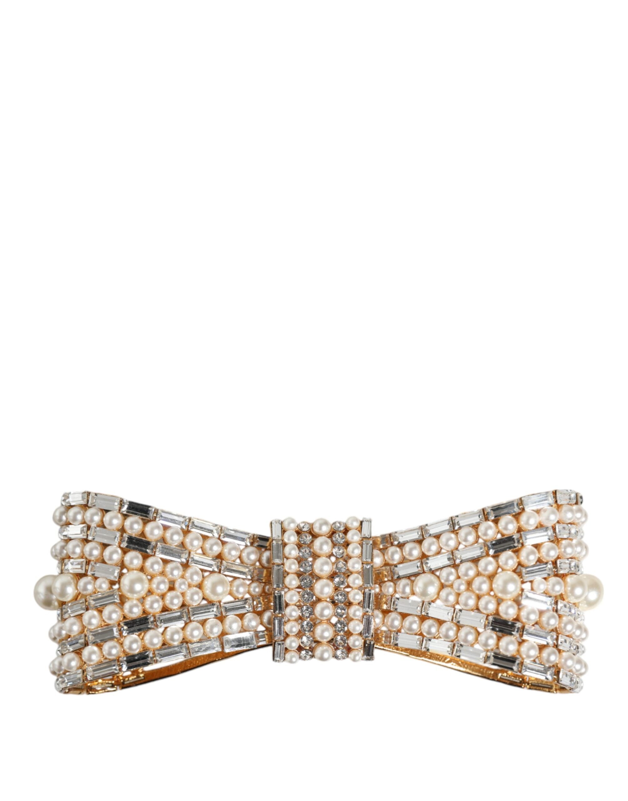 Gold Tone Brass Bow Crystal FauxPearl Embellished Brooch - ventzia