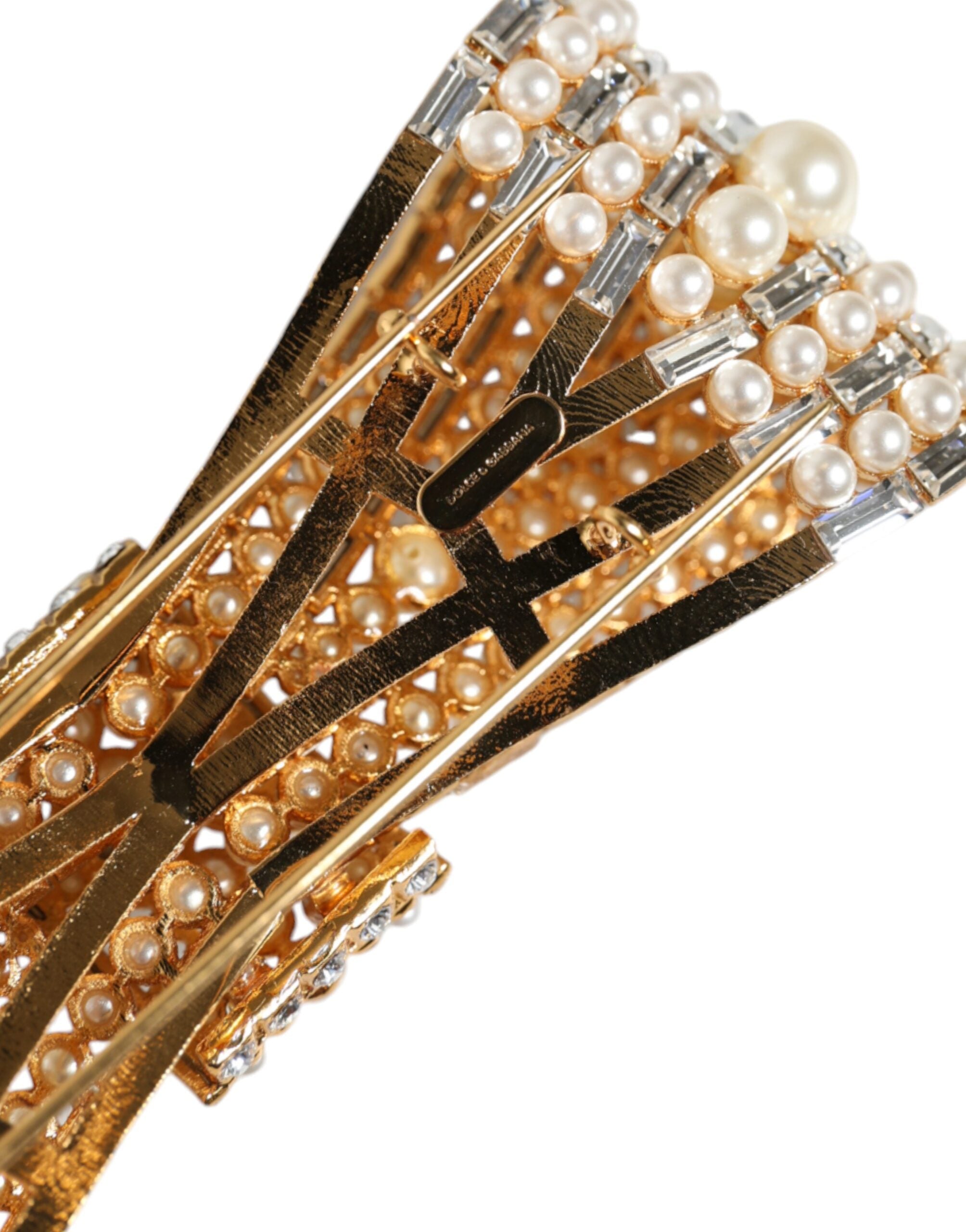 Gold Tone Brass Bow Crystal FauxPearl Embellished Brooch - ventzia