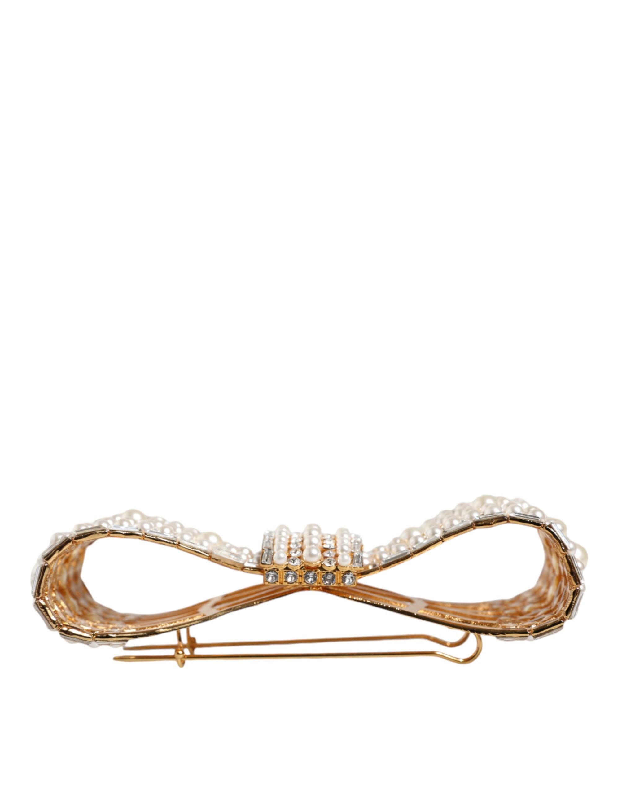 Gold Tone Brass Bow Crystal FauxPearl Embellished Brooch - ventzia
