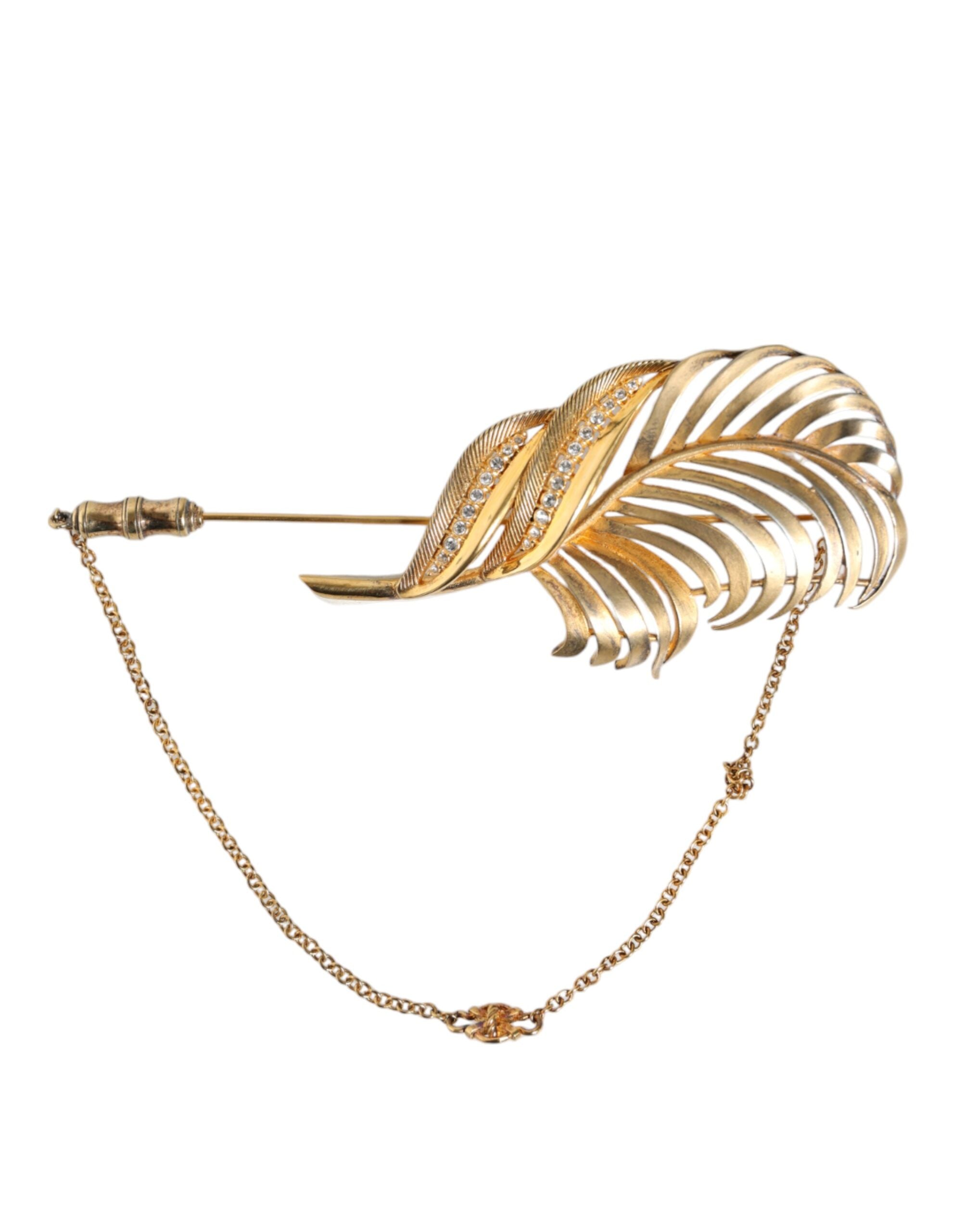 Gold Tone 925 Sterling Silver Leaf Crystal Chain Brooch - ventzia
