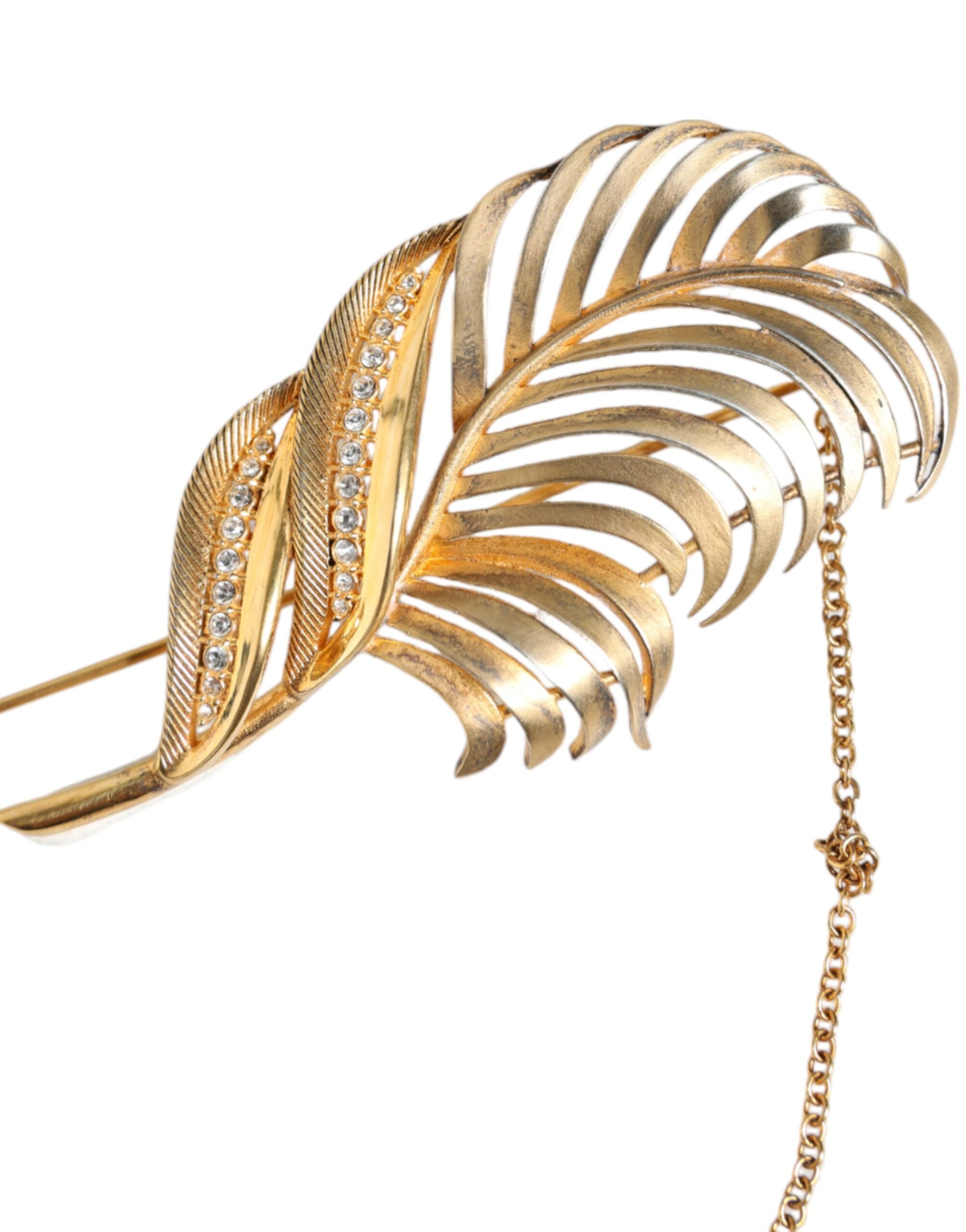 Gold Tone 925 Sterling Silver Leaf Crystal Chain Brooch - ventzia