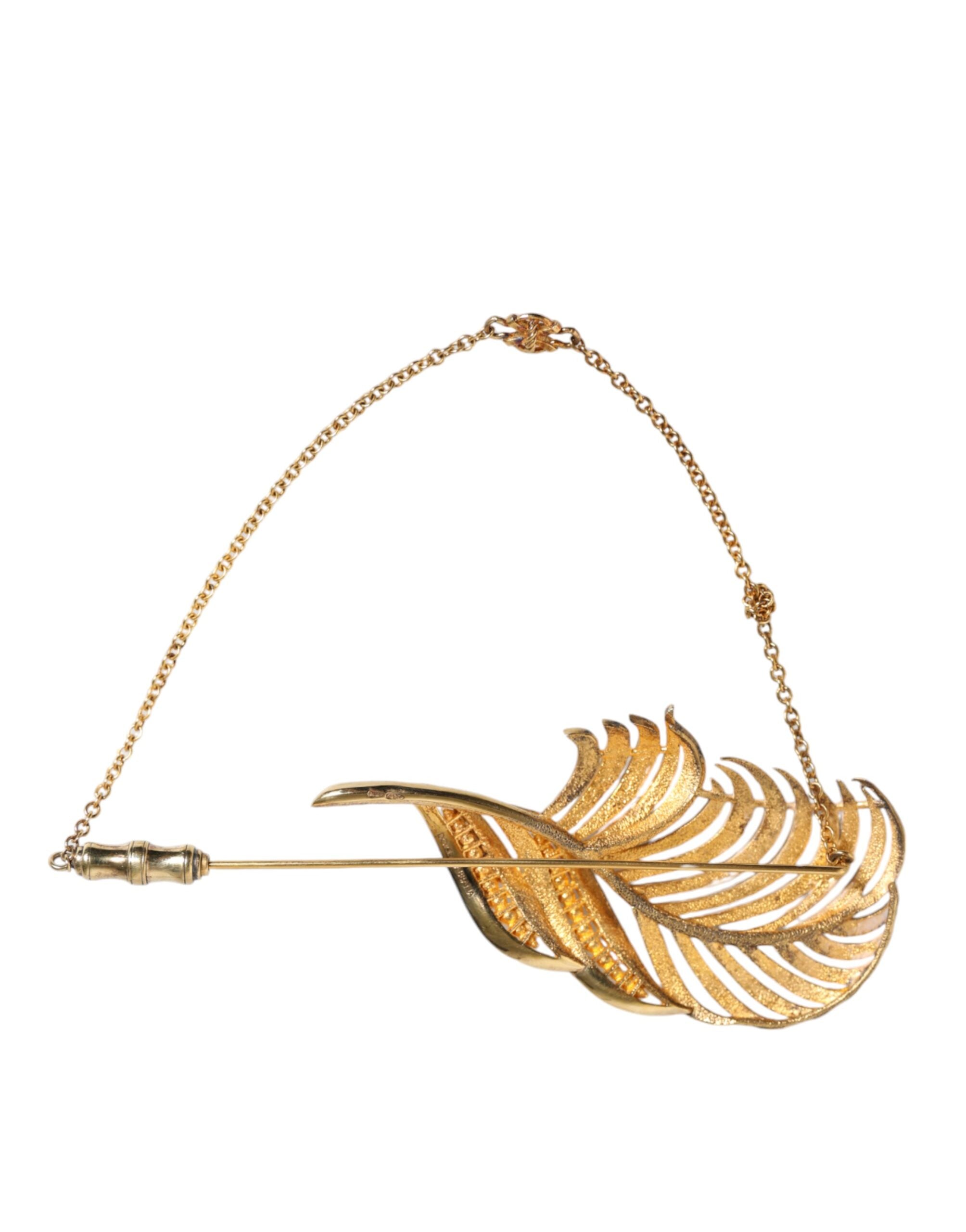 Gold Tone 925 Sterling Silver Leaf Crystal Chain Brooch - ventzia