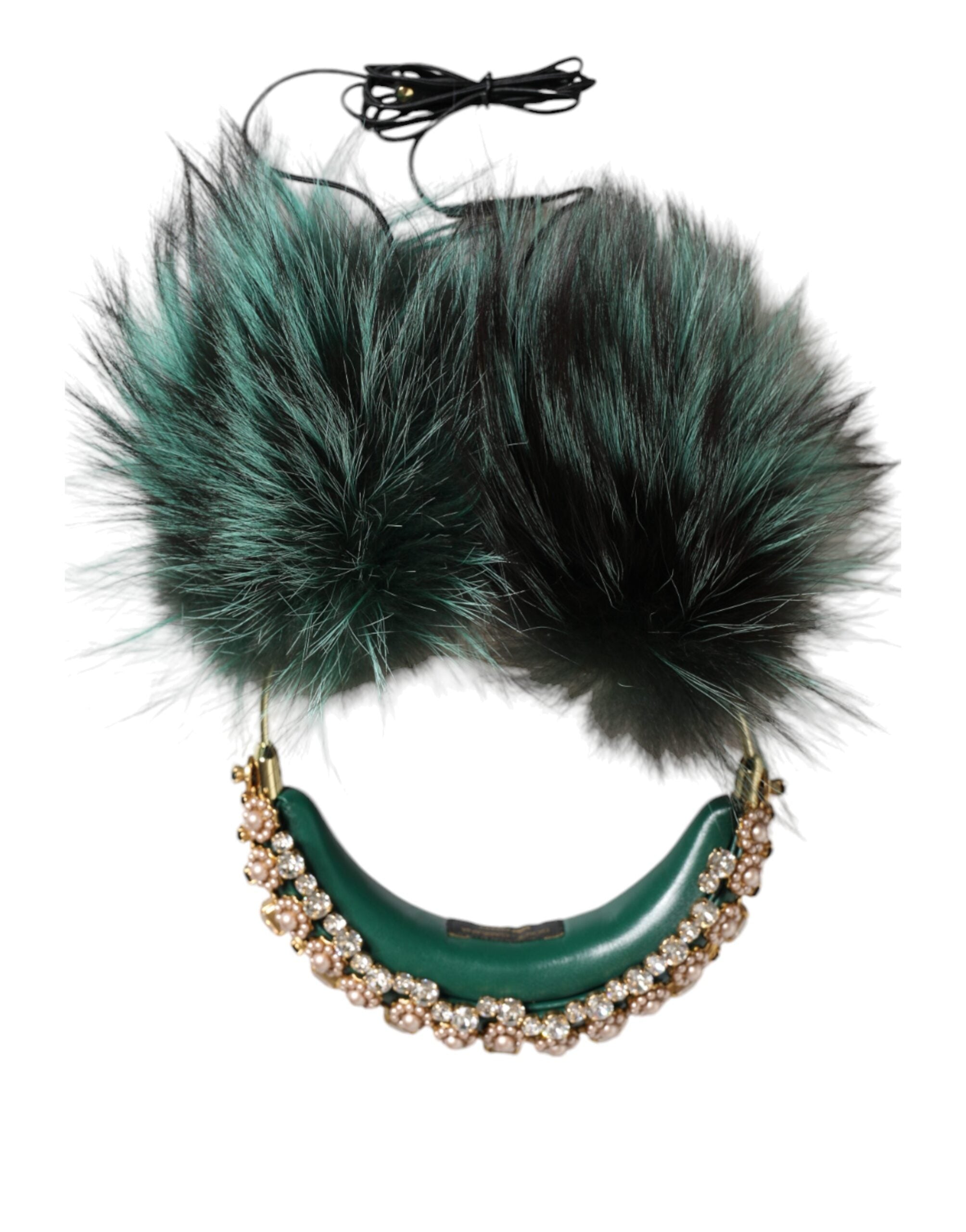 Green Gold Crystal Fur Headset Audio AUX Headphones - ventzia
