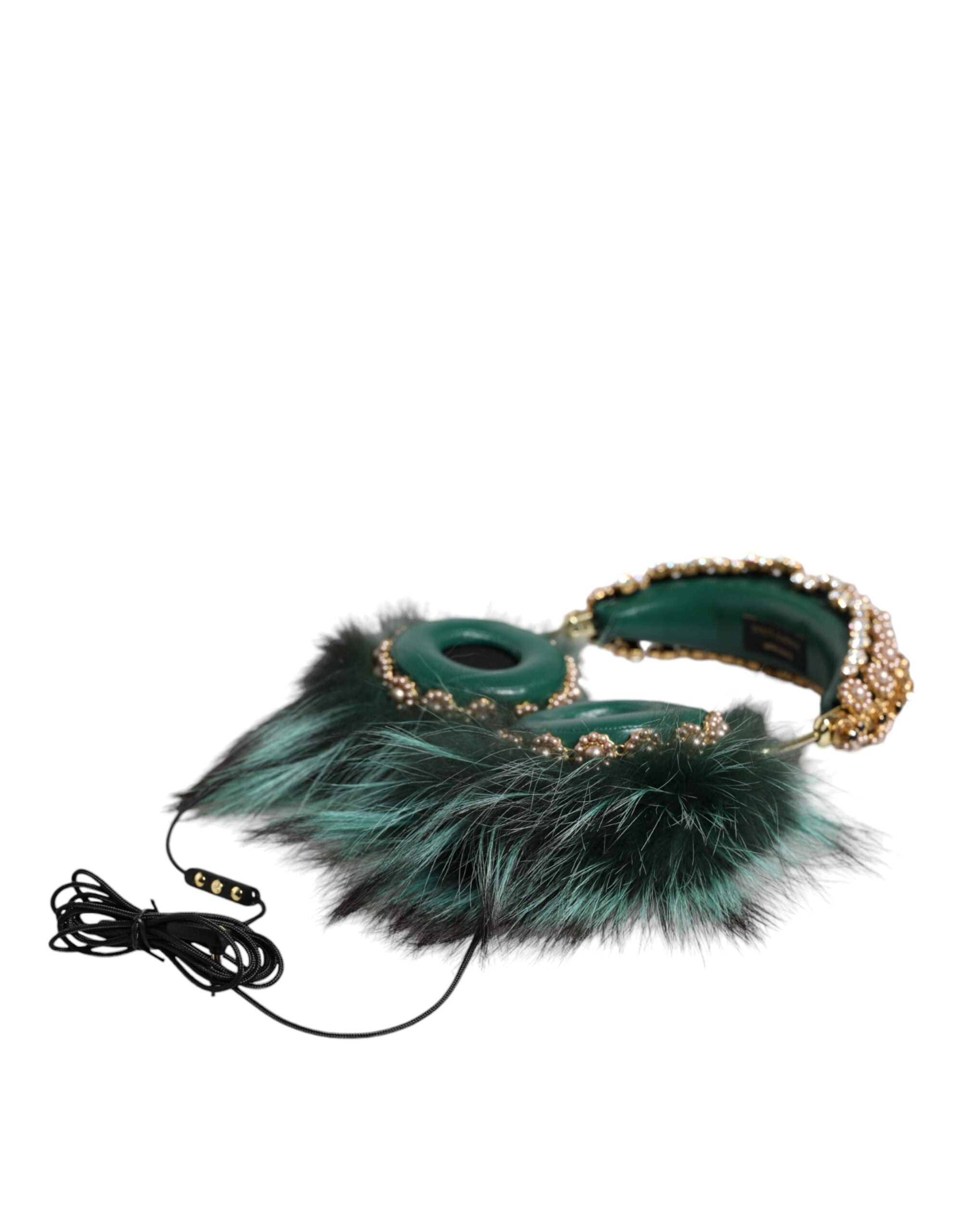 Green Gold Crystal Fur Headset Audio AUX Headphones - ventzia