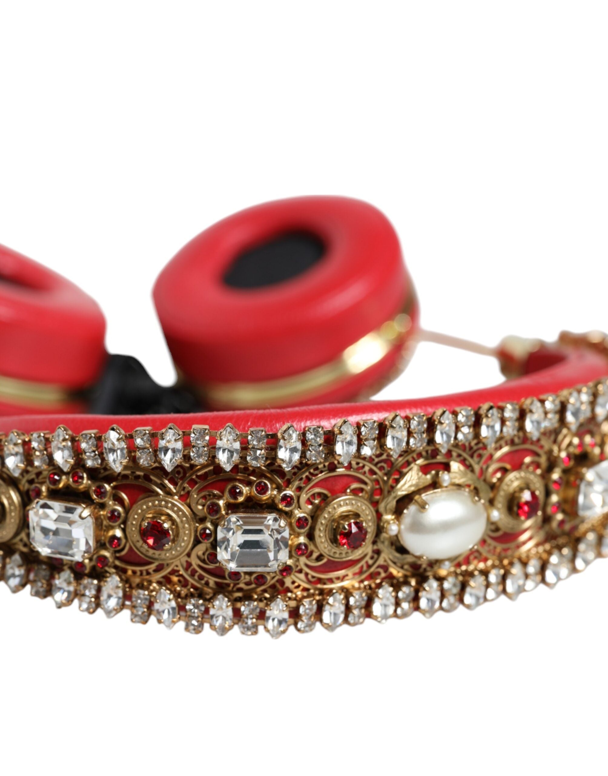 Red Nappa Leather Floral Crystal Headphone - ventzia