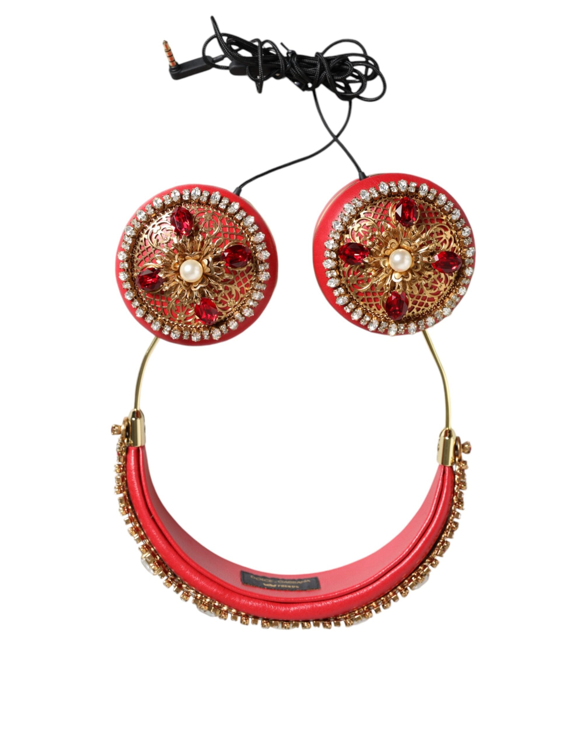 Red Nappa Leather Floral Crystal Headphone - ventzia