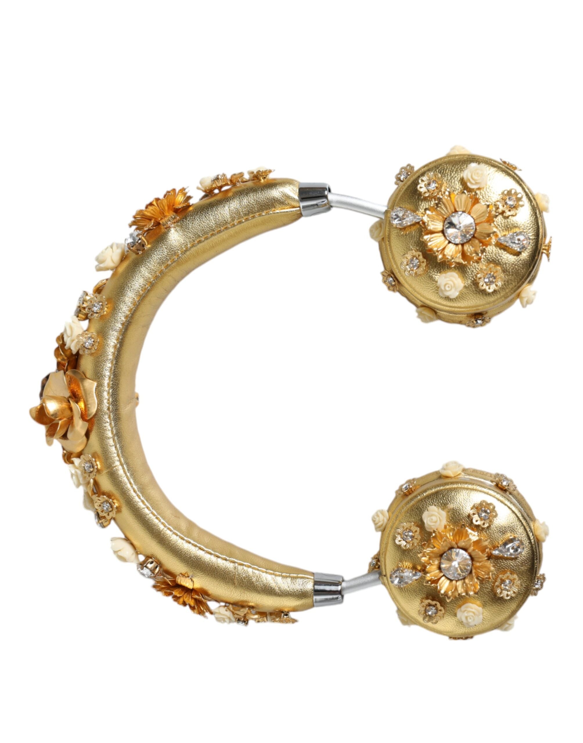 Gold Leather Floral Crystal Angel Headset Headphones - ventzia