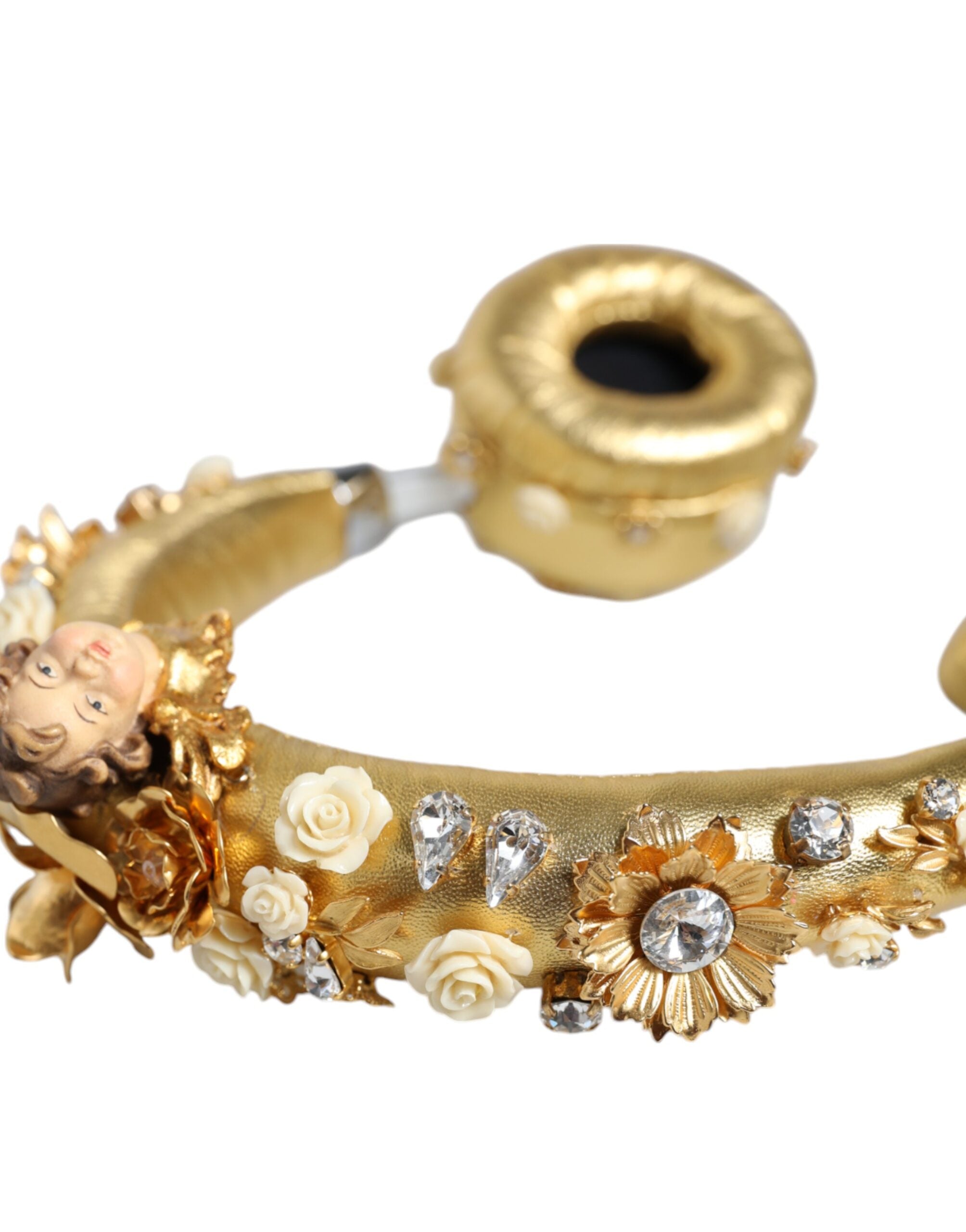 Gold Leather Floral Crystal Angel Headset Headphones - ventzia