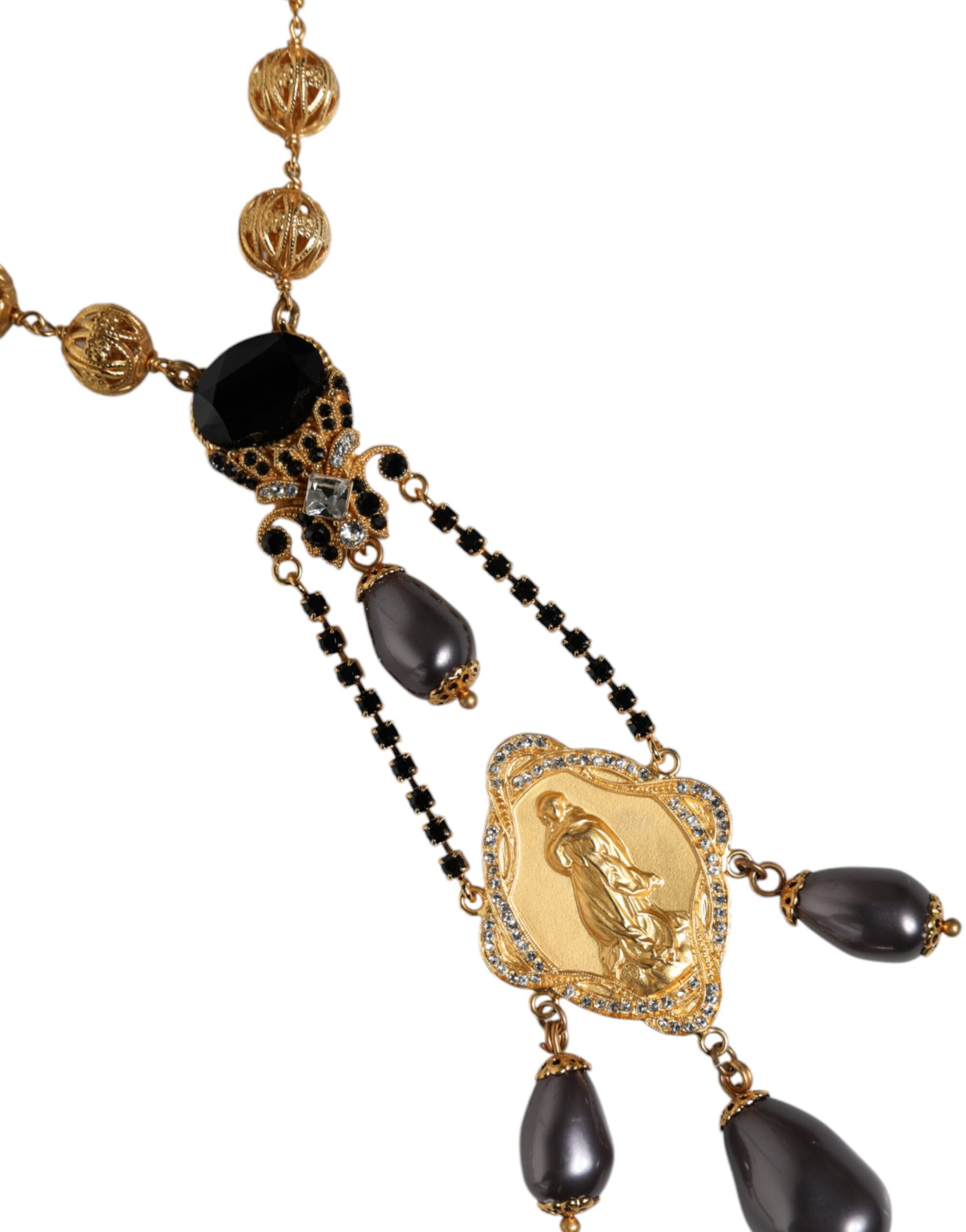 Gold Chain Brass Black Beaded Rosary Style Necklace - ventzia
