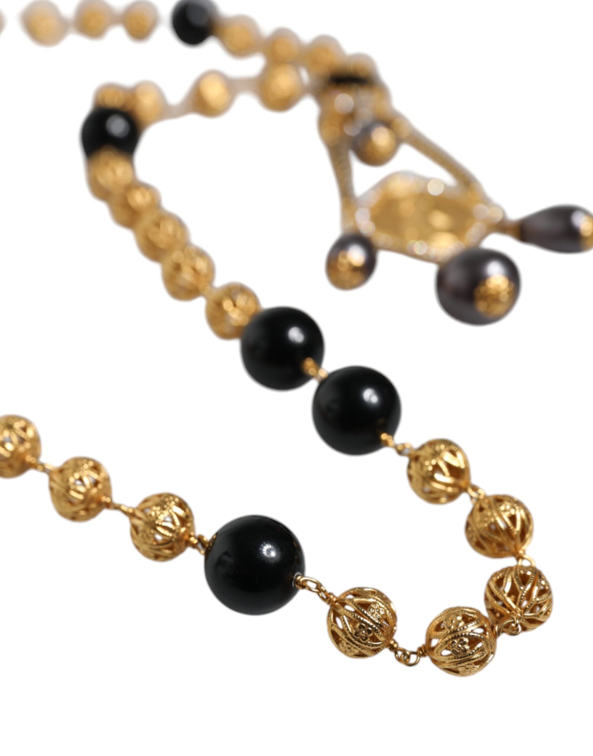 Gold Chain Brass Black Beaded Rosary Style Necklace - ventzia
