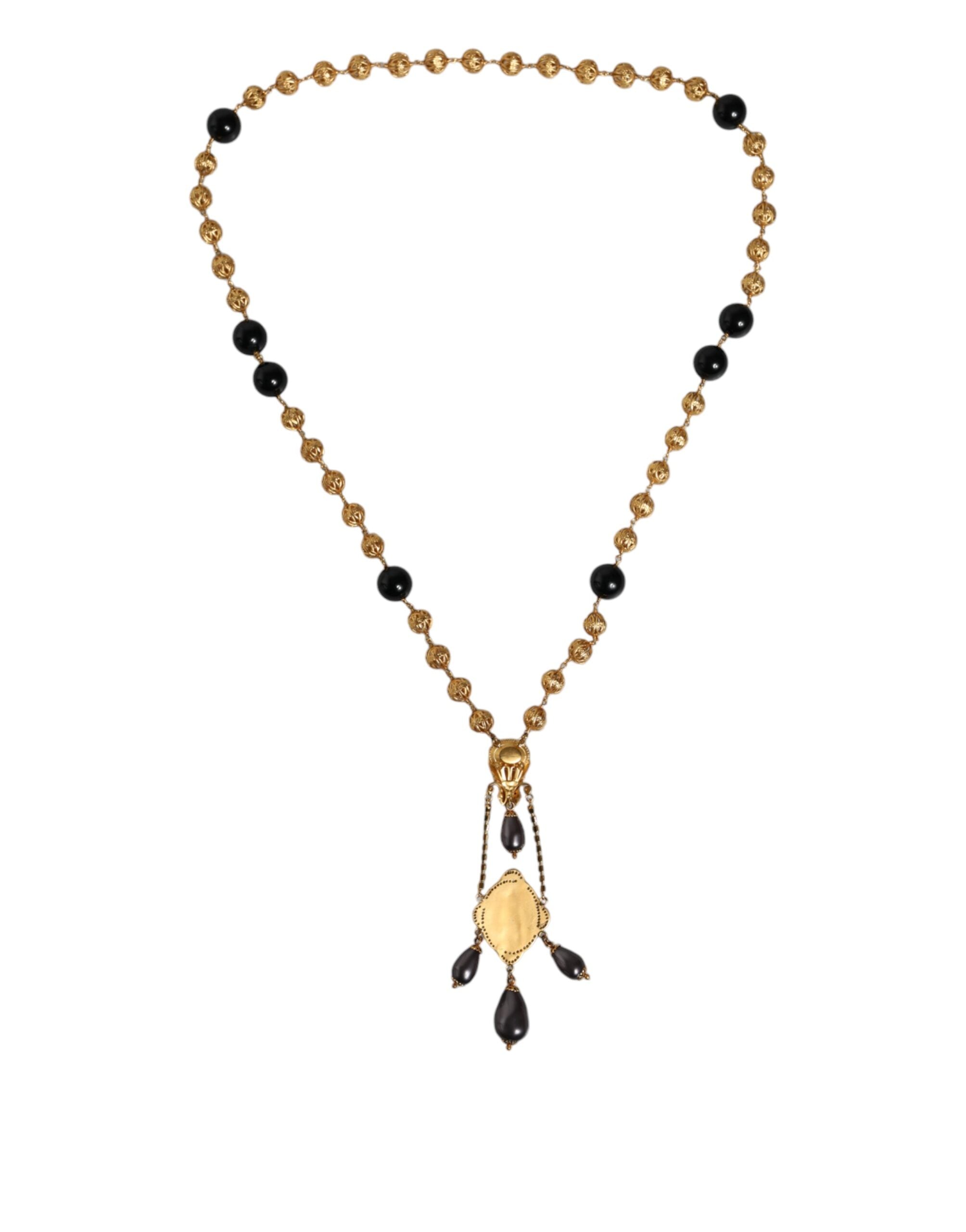 Gold Chain Brass Black Beaded Rosary Style Necklace - ventzia