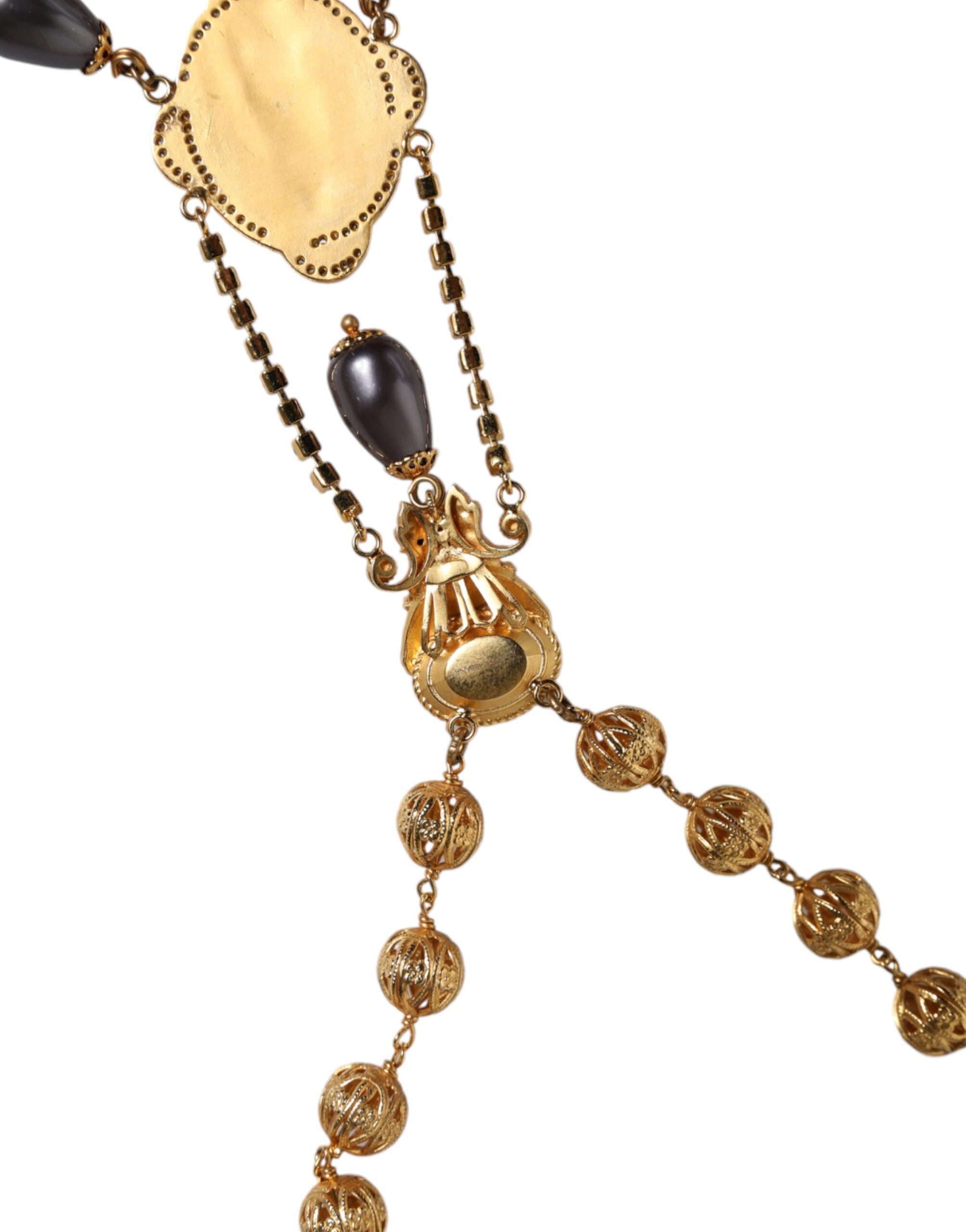 Gold Chain Brass Black Beaded Rosary Style Necklace - ventzia