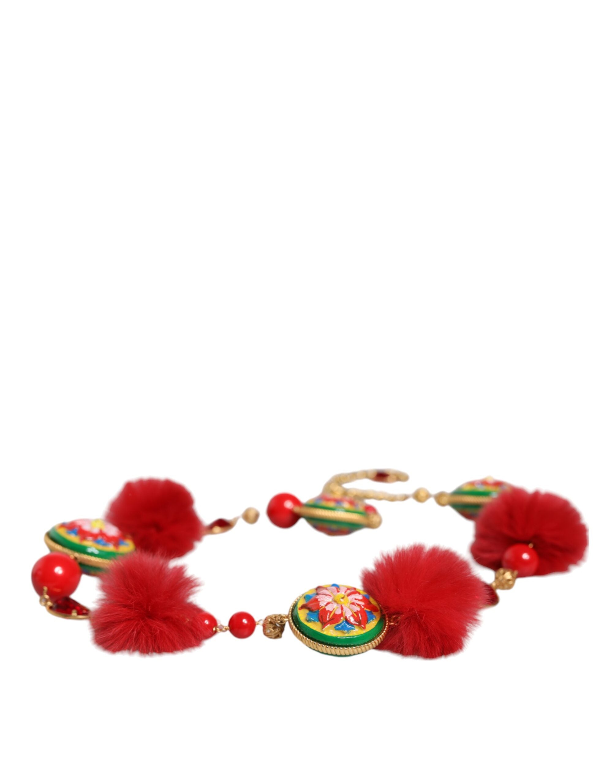 Gold Brass Red Fur Crystal Waist Torero Belt - ventzia