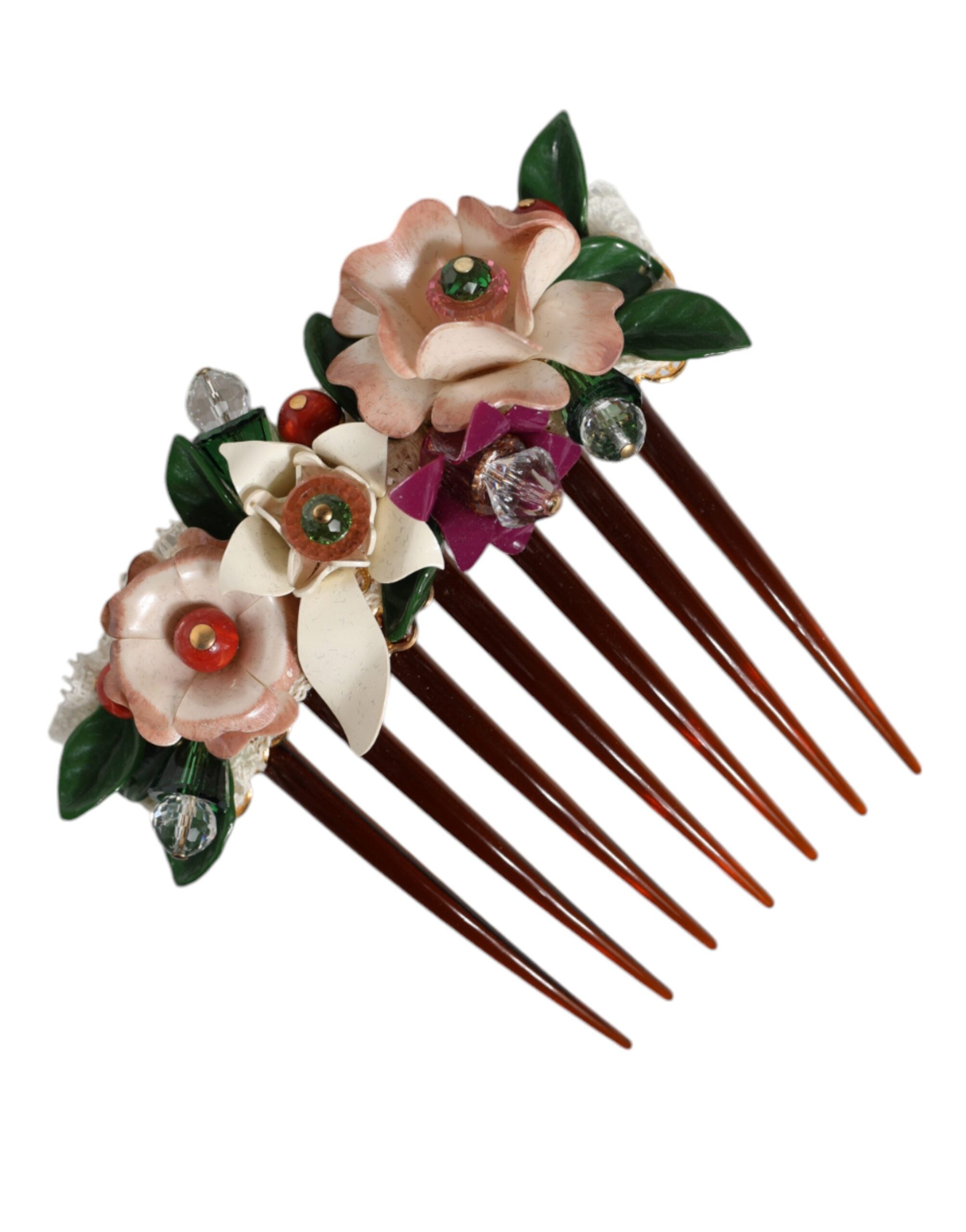 Brown Plastic Crystal Floral Women Hair Comb - ventzia
