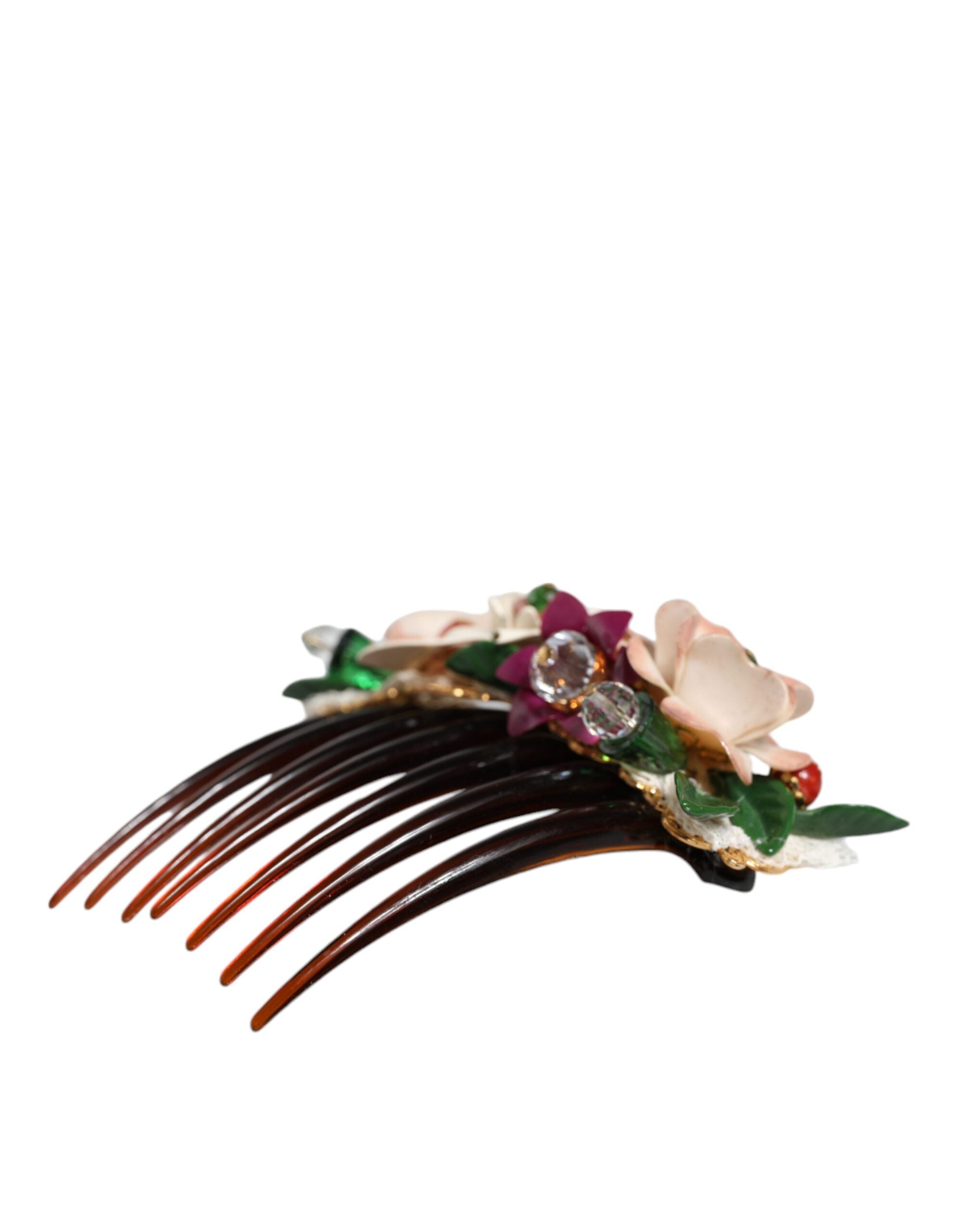 Brown Plastic Crystal Floral Women Hair Comb - ventzia