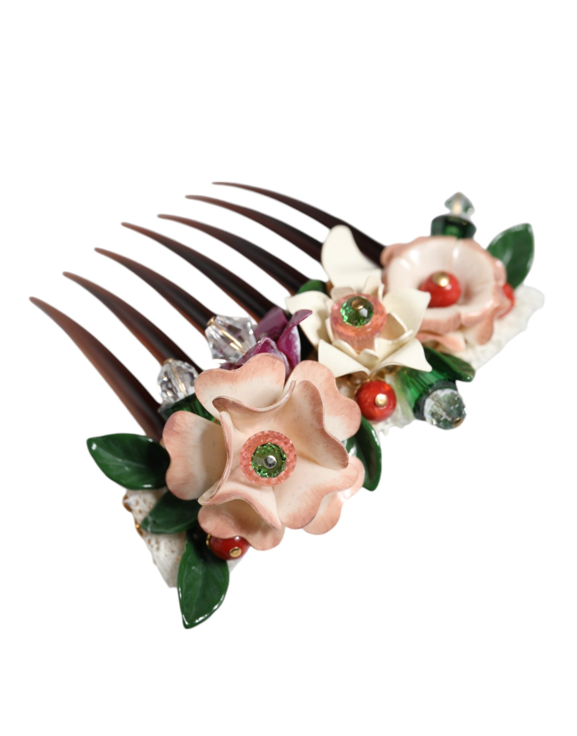 Brown Plastic Crystal Floral Women Hair Comb - ventzia