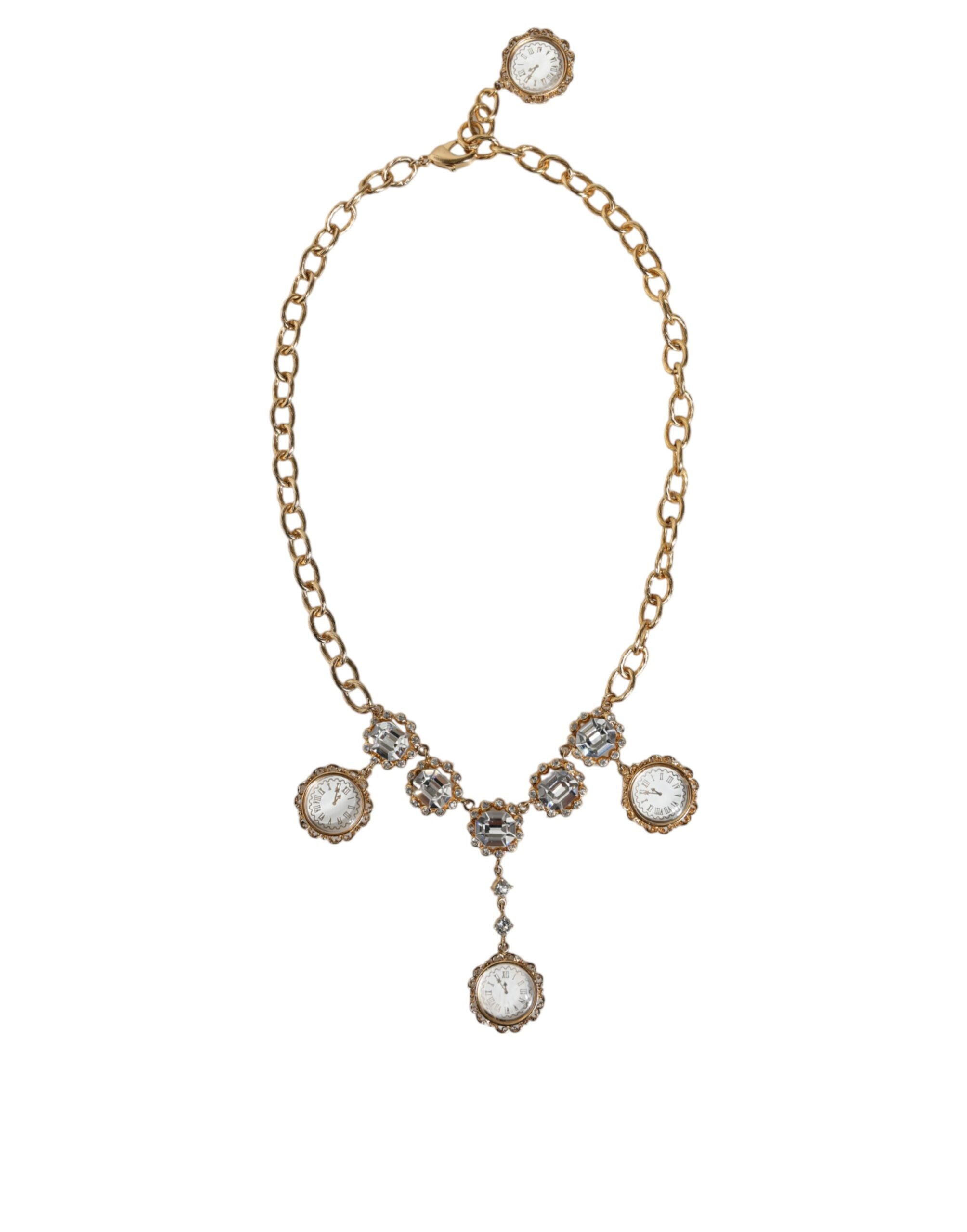 Gold Chain Brass Crystal Clock Statement Necklace - ventzia