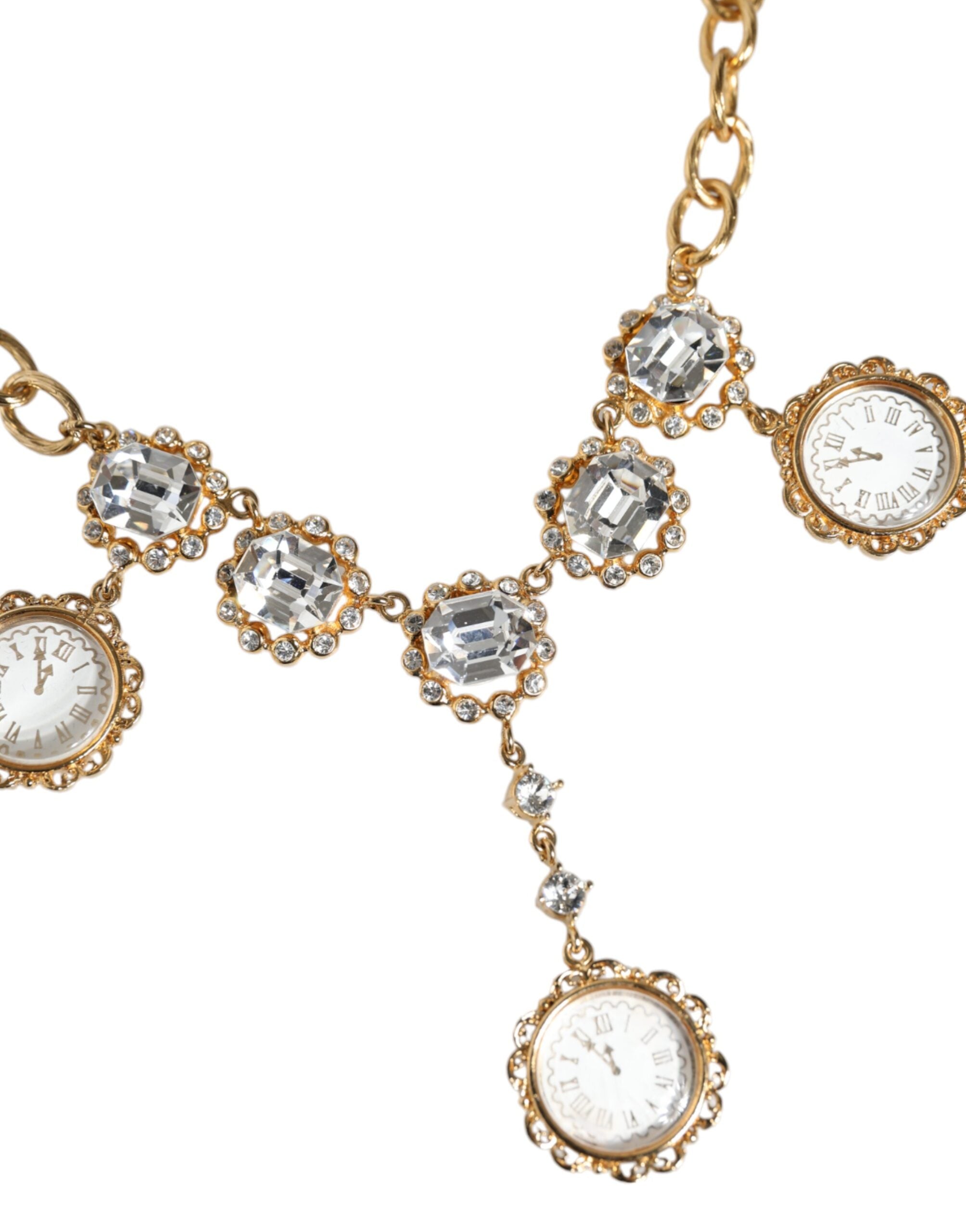 Gold Chain Brass Crystal Clock Statement Necklace - ventzia