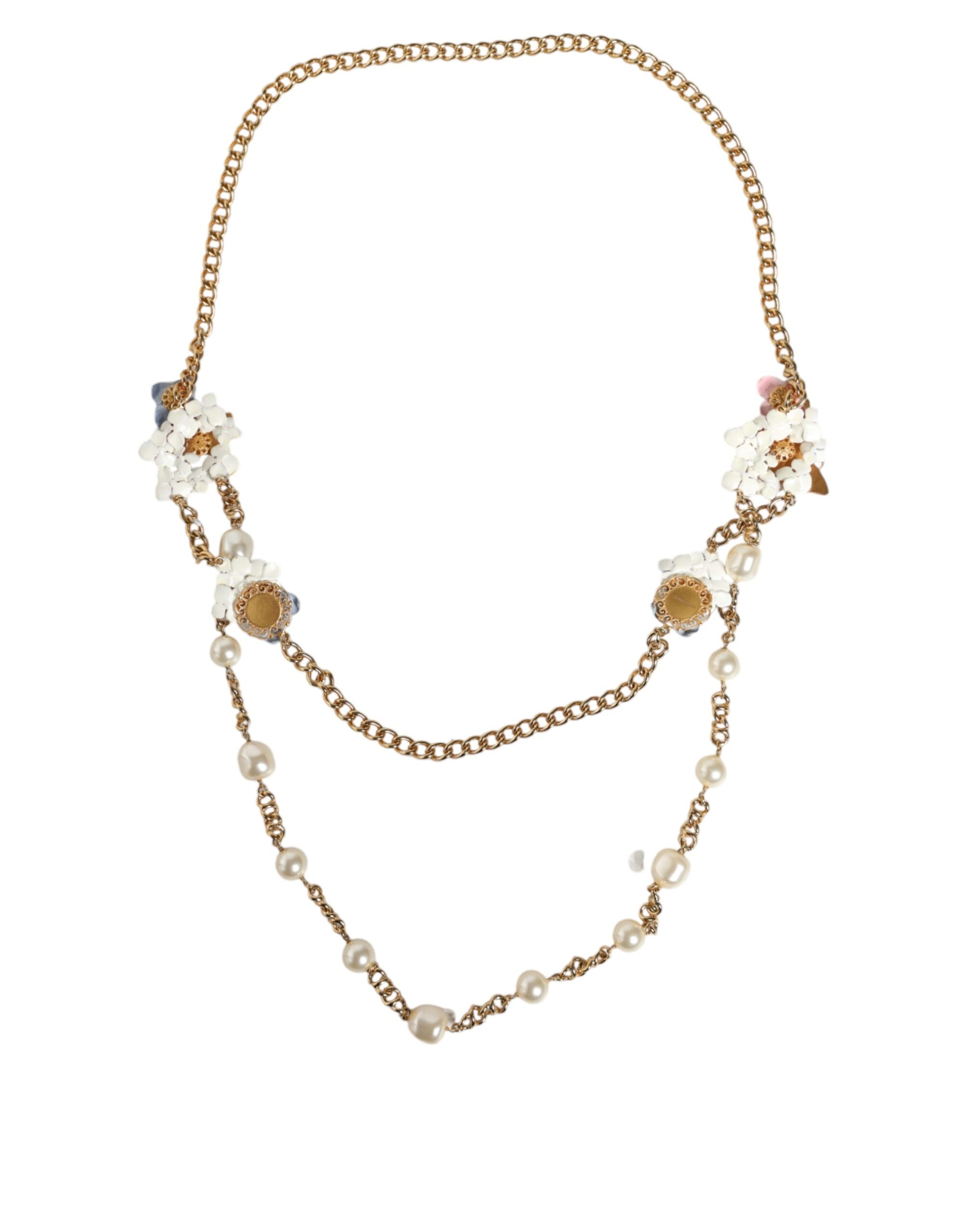 Gold Chain Brass Floral Layered Crystal Pearl Necklace - ventzia