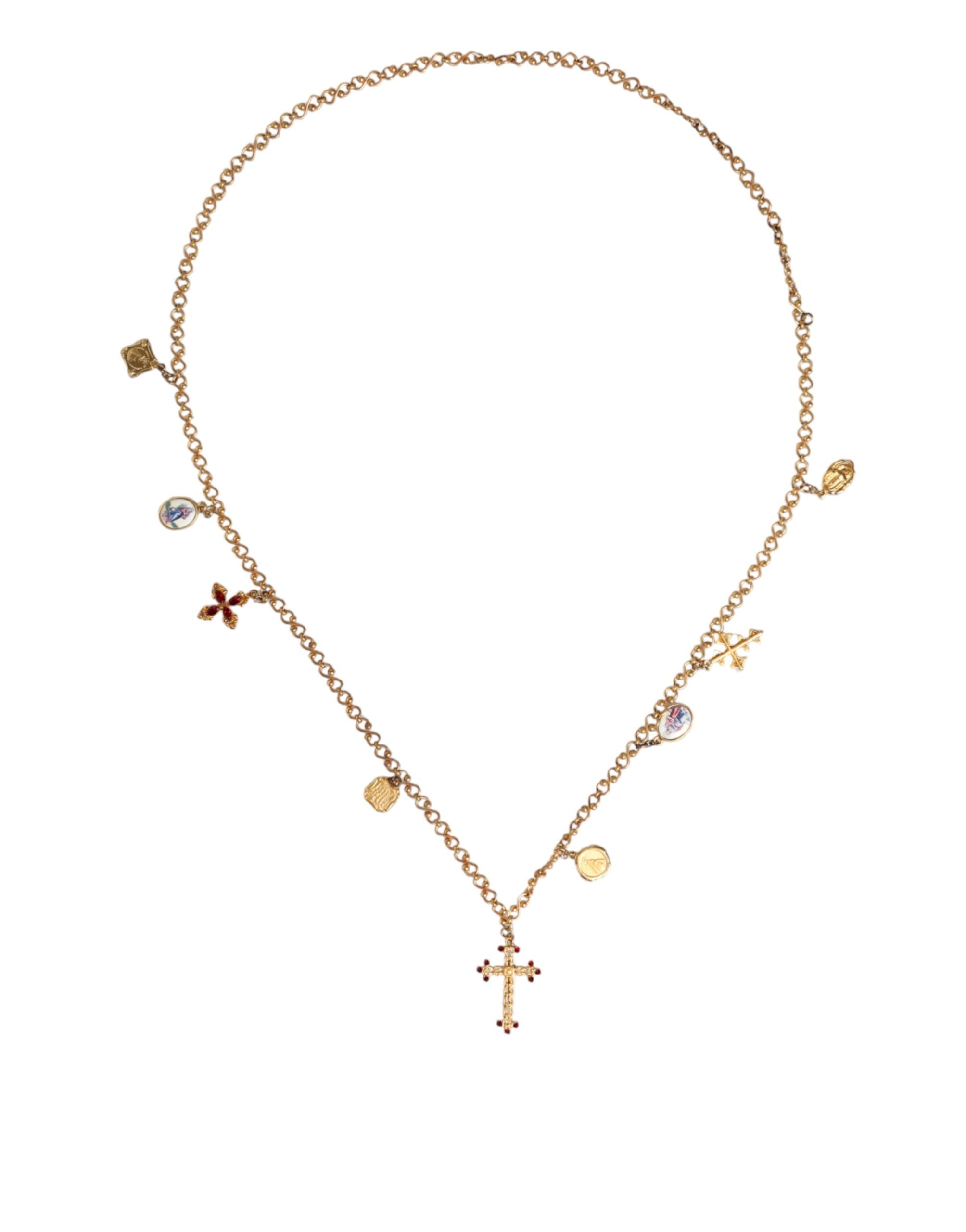 Gold Tone Brass Chain Religious Cross Pendant Necklace - ventzia
